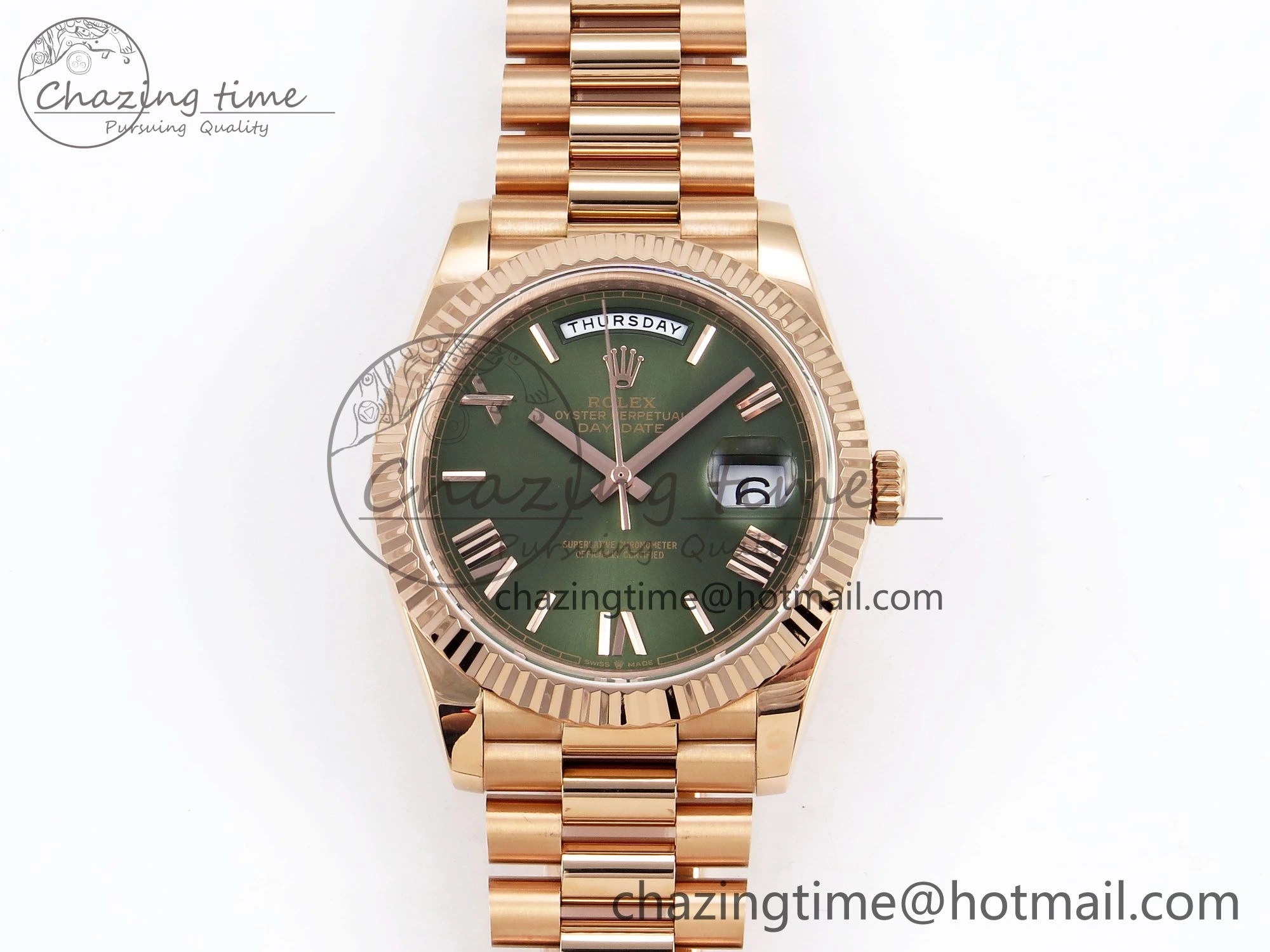 Day Date 40 RG JDF 904L Steel Green Roman Dial on President Bracelet VR3255 V3 (Gain Weight)