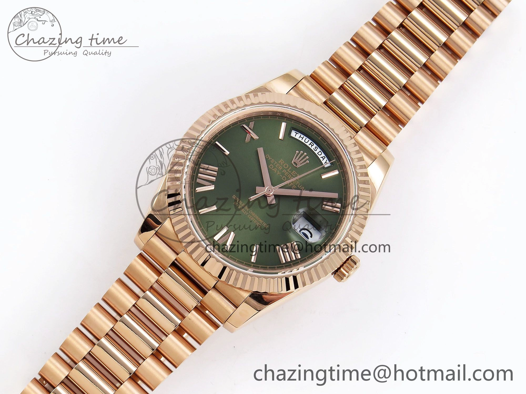 Day Date 40 RG JDF 904L Steel Green Roman Dial on President Bracelet VR3255 V3 (Gain Weight)