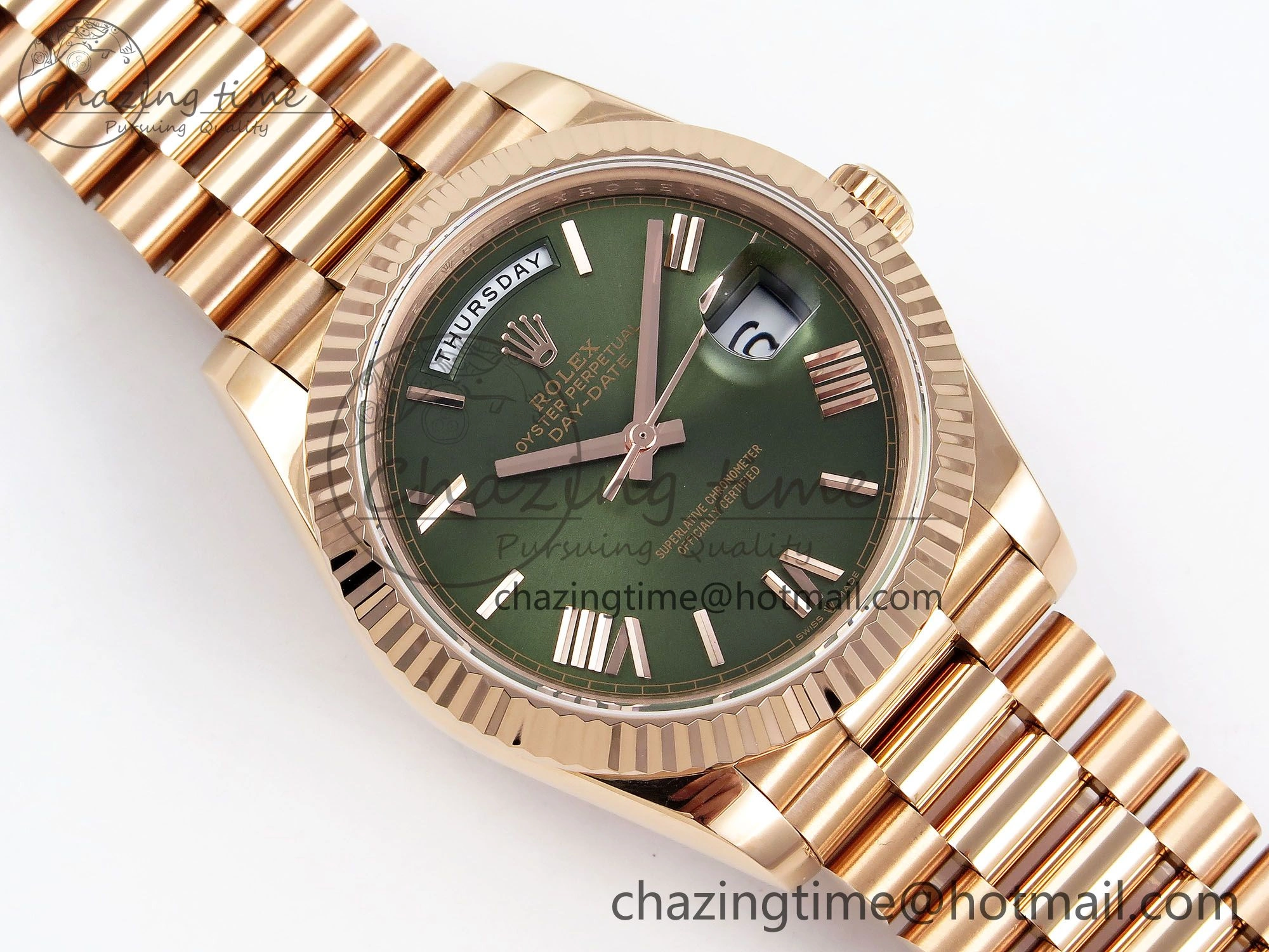 Day Date 40 RG JDF 904L Steel Green Roman Dial on President Bracelet VR3255 V3 (Gain Weight)