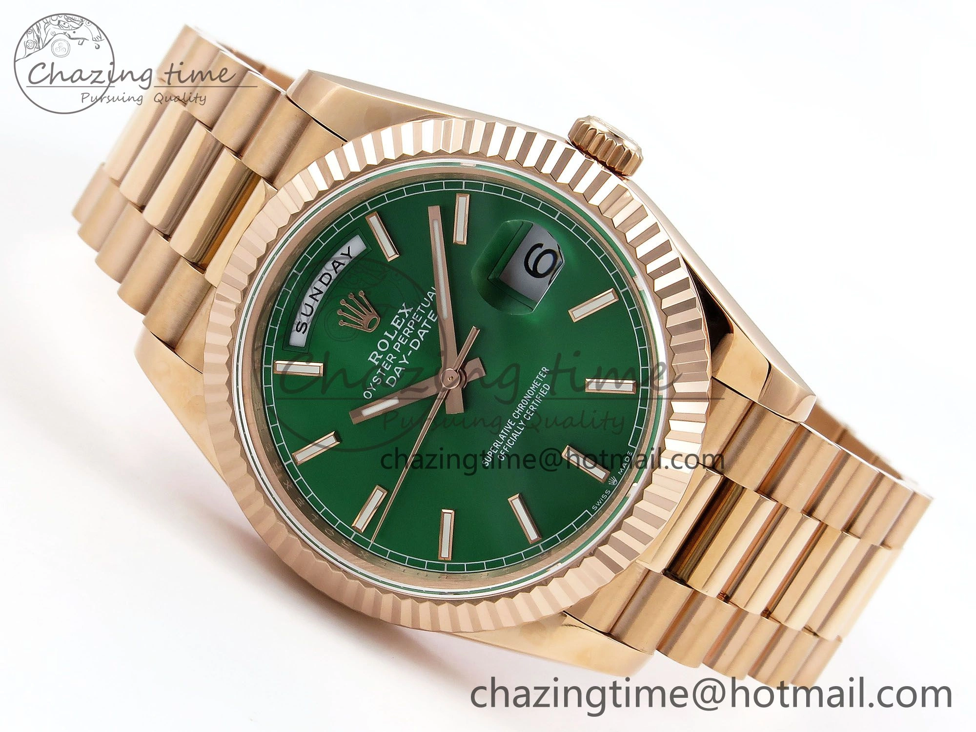 Day Date 40 RG JDF 904L Steel Green Stick Dial on President Bracelet VR3255 V3 (Gain Weight)