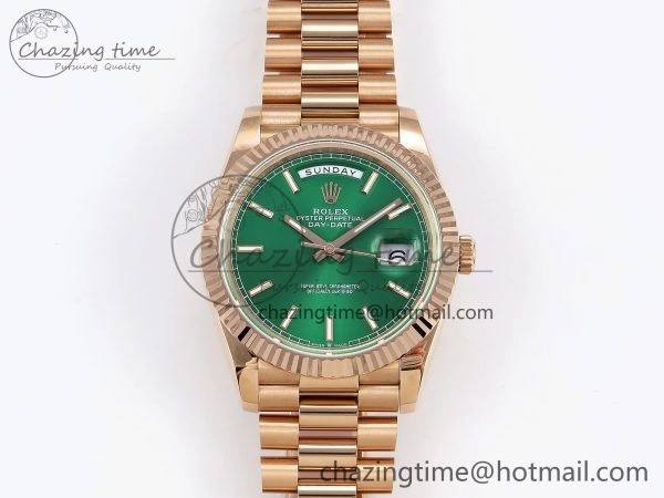 Day Date 40 RG JDF 904L Steel Green Stick Dial on President Bracelet VR3255 V3 (Gain Weight)