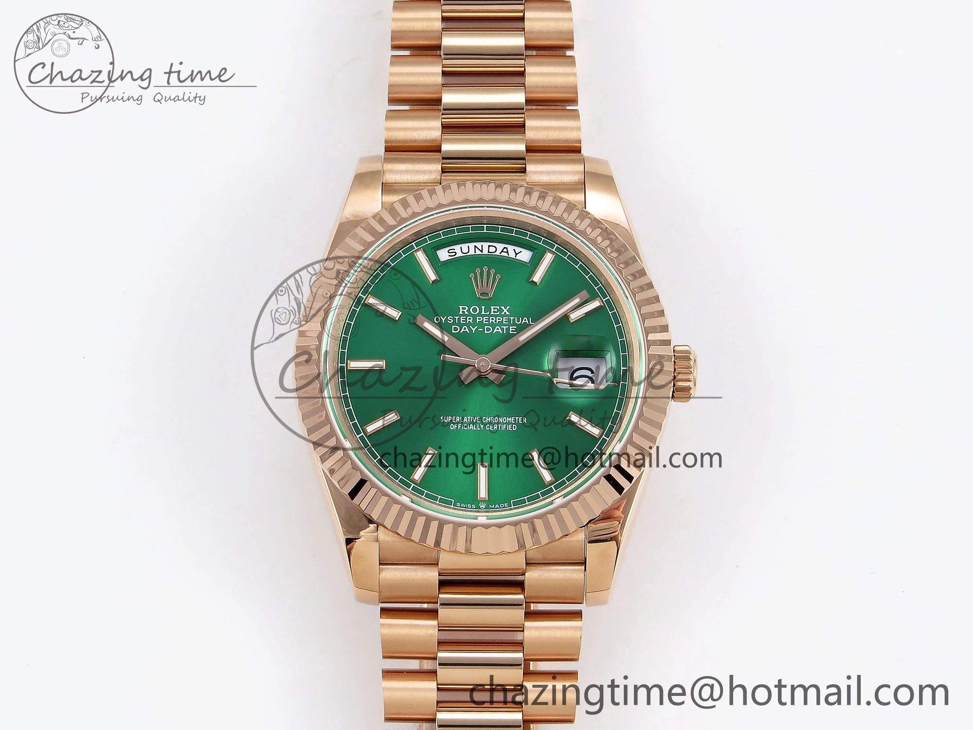 Day Date 40 RG JDF 904L Steel Green Stick Dial on President Bracelet VR3255 V3 (Gain Weight)