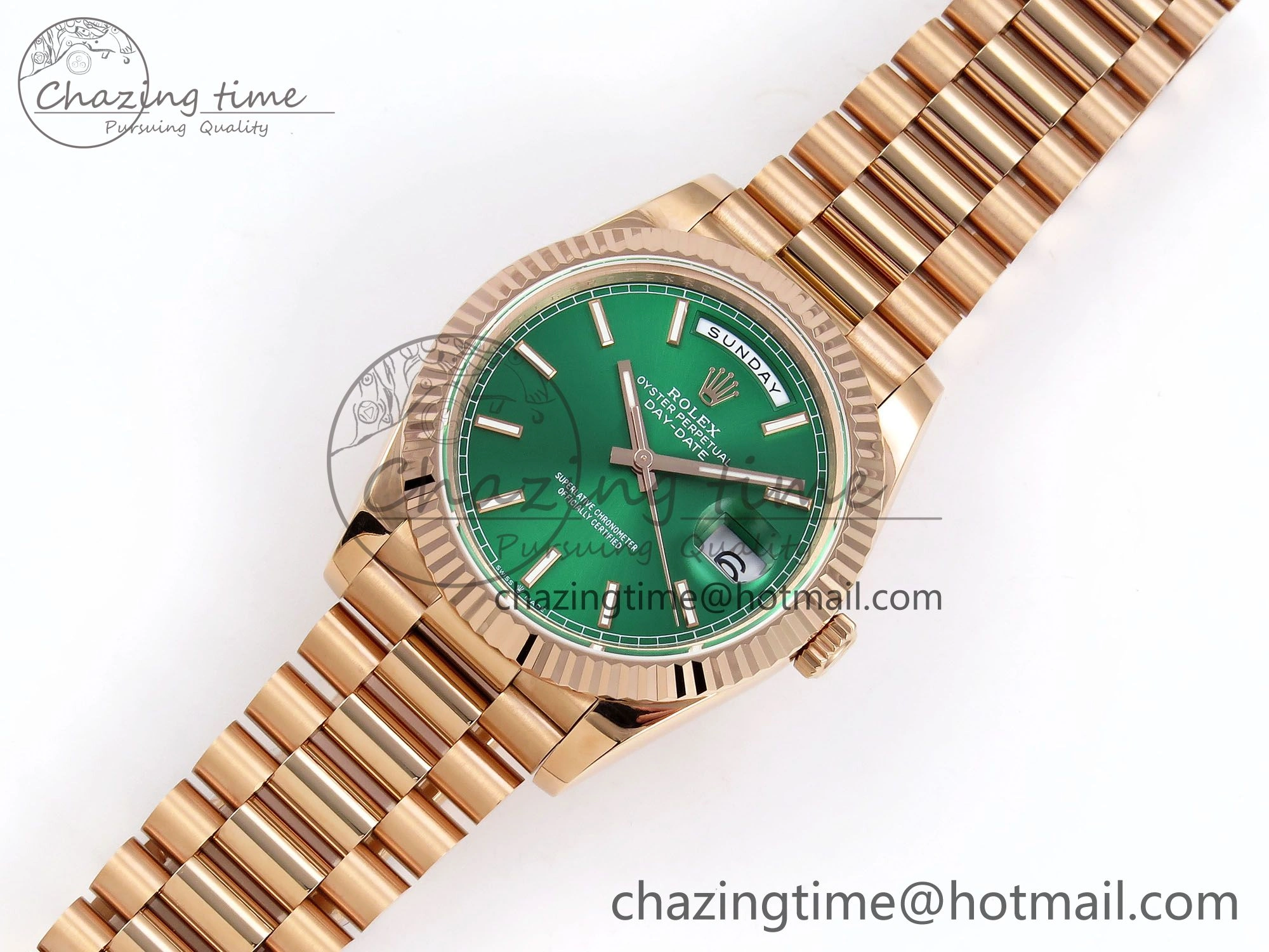 Day Date 40 RG JDF 904L Steel Green Stick Dial on President Bracelet VR3255 V3 (Gain Weight)
