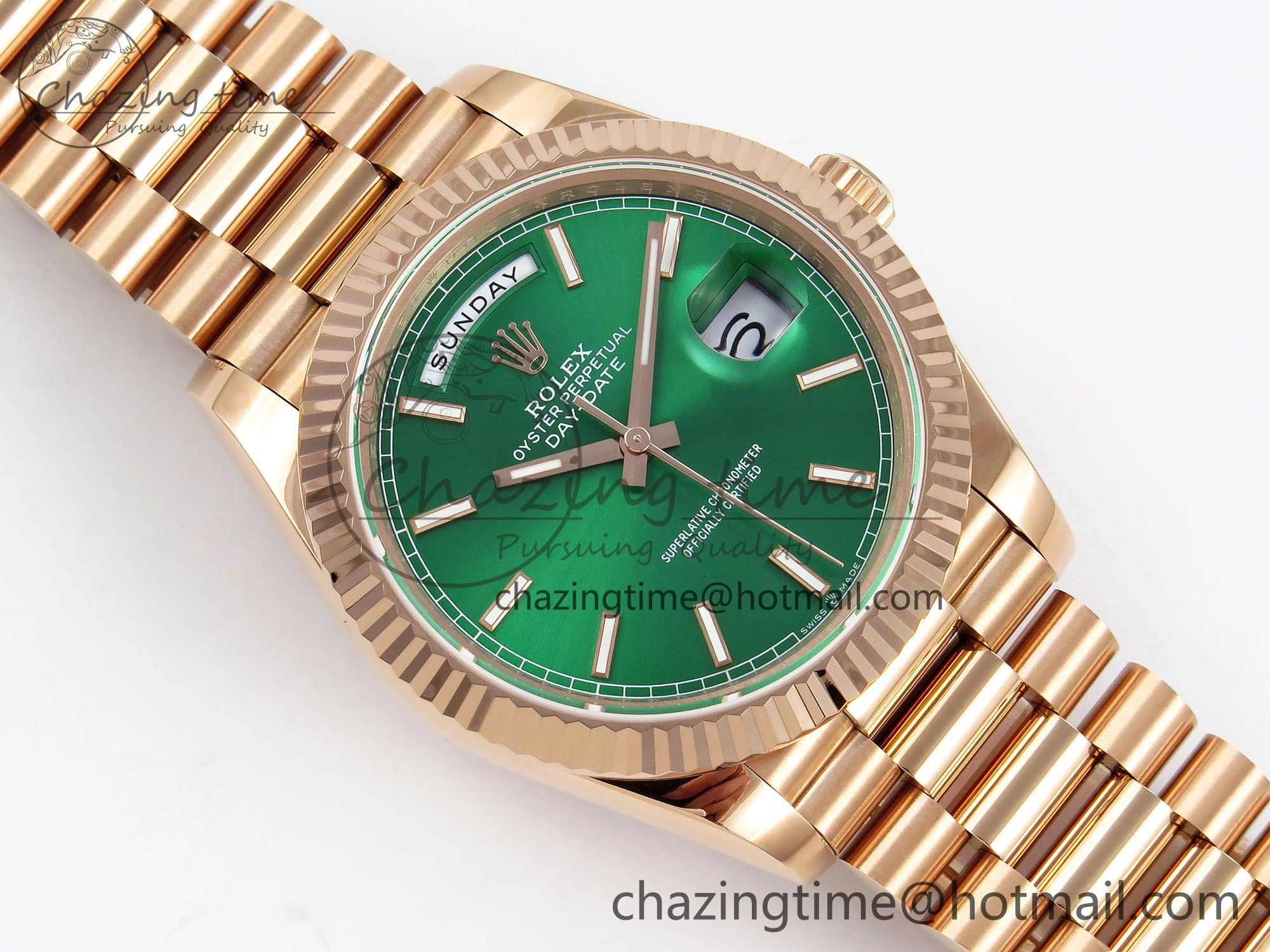 Day Date 40 RG JDF 904L Steel Green Stick Dial on President Bracelet VR3255 V3 (Gain Weight)