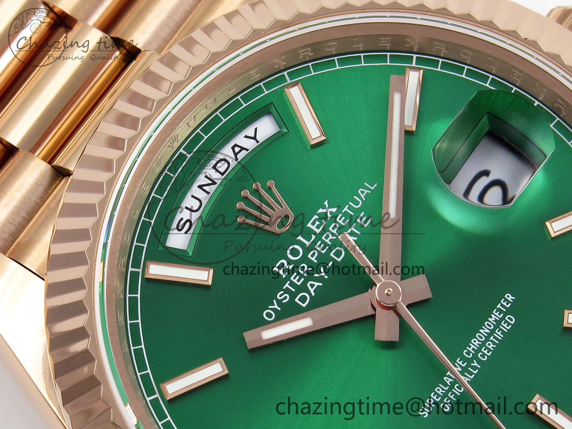 Day Date 40 RG JDF 904L Steel Green Stick Dial on President Bracelet VR3255 V3 (Gain Weight)