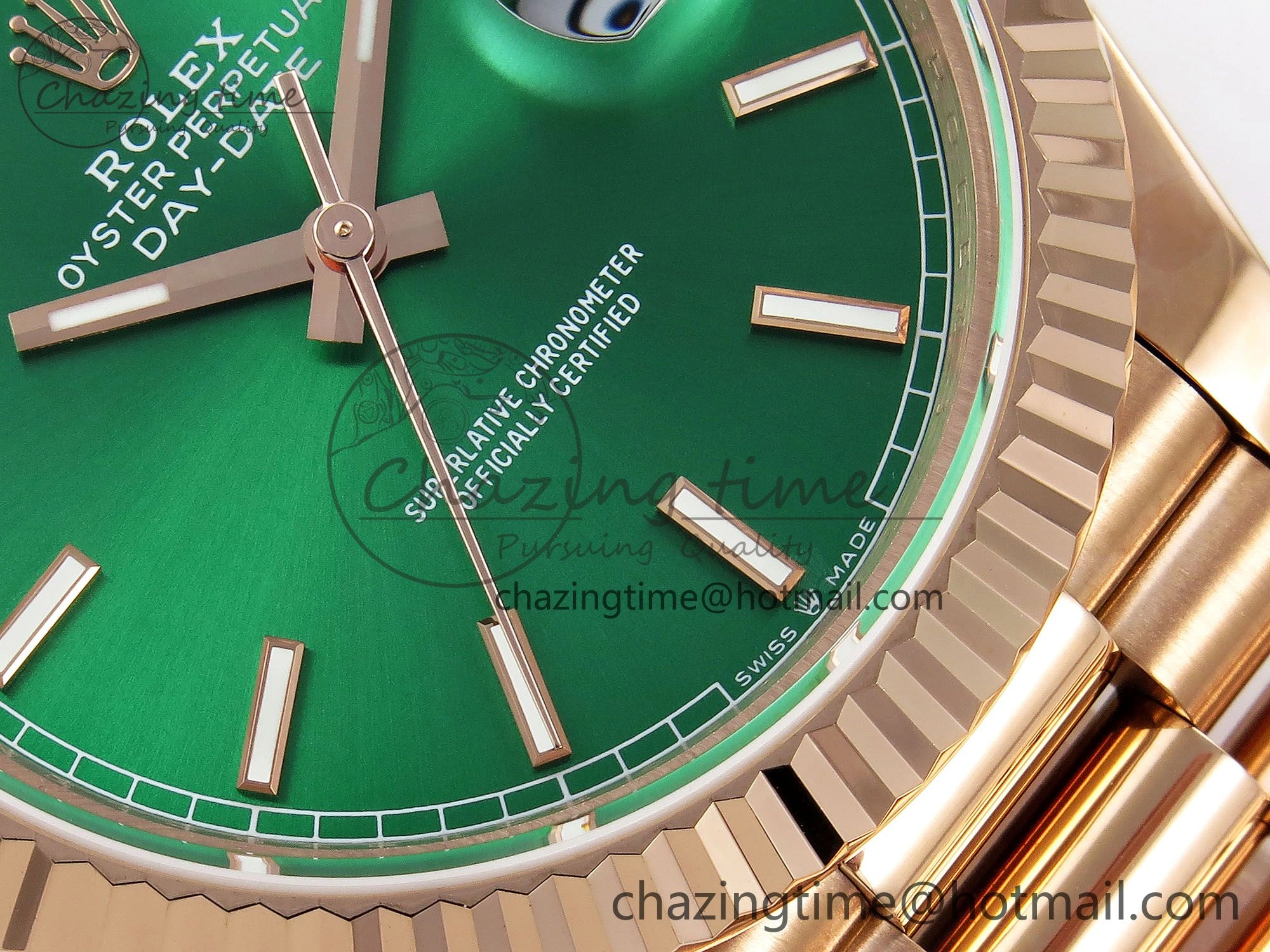Day Date 40 RG JDF 904L Steel Green Stick Dial on President Bracelet VR3255 V3 (Gain Weight)