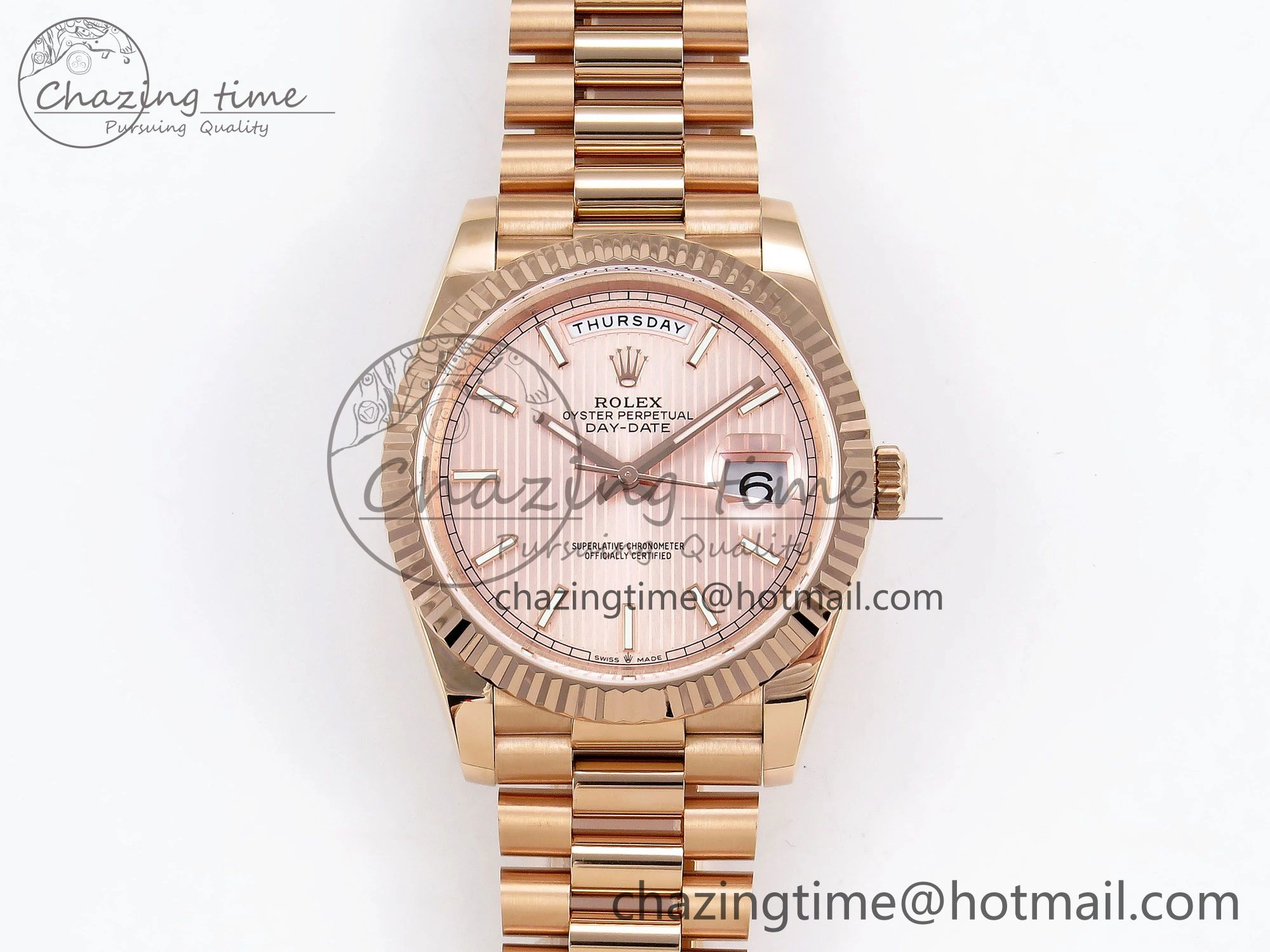 Day Date 40 RG JDF 904L Steel Pink Stripe Dial on President Bracelet VR3255 V3 (Gain Weight)