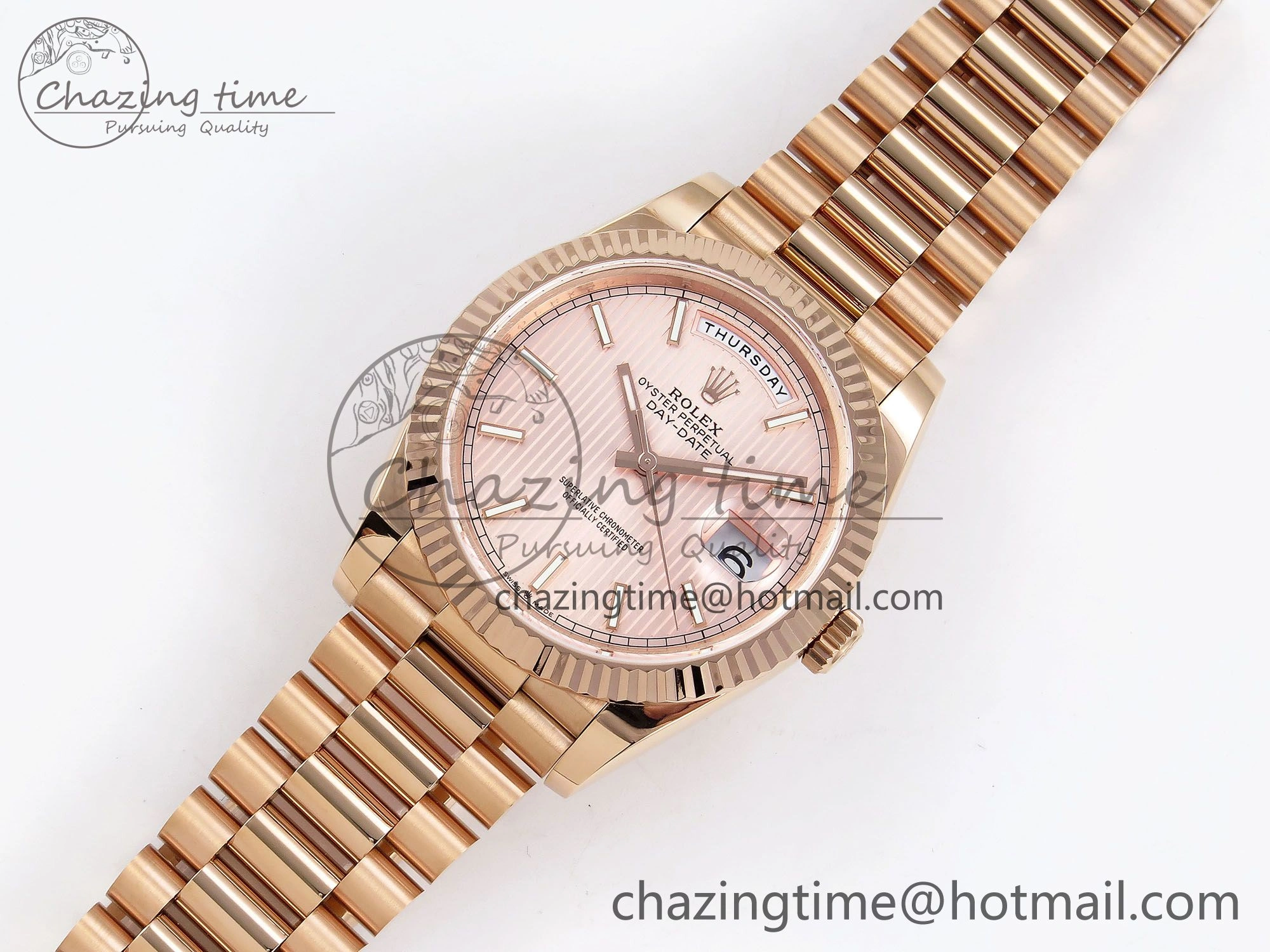 Day Date 40 RG JDF 904L Steel Pink Stripe Dial on President Bracelet VR3255 V3 (Gain Weight)