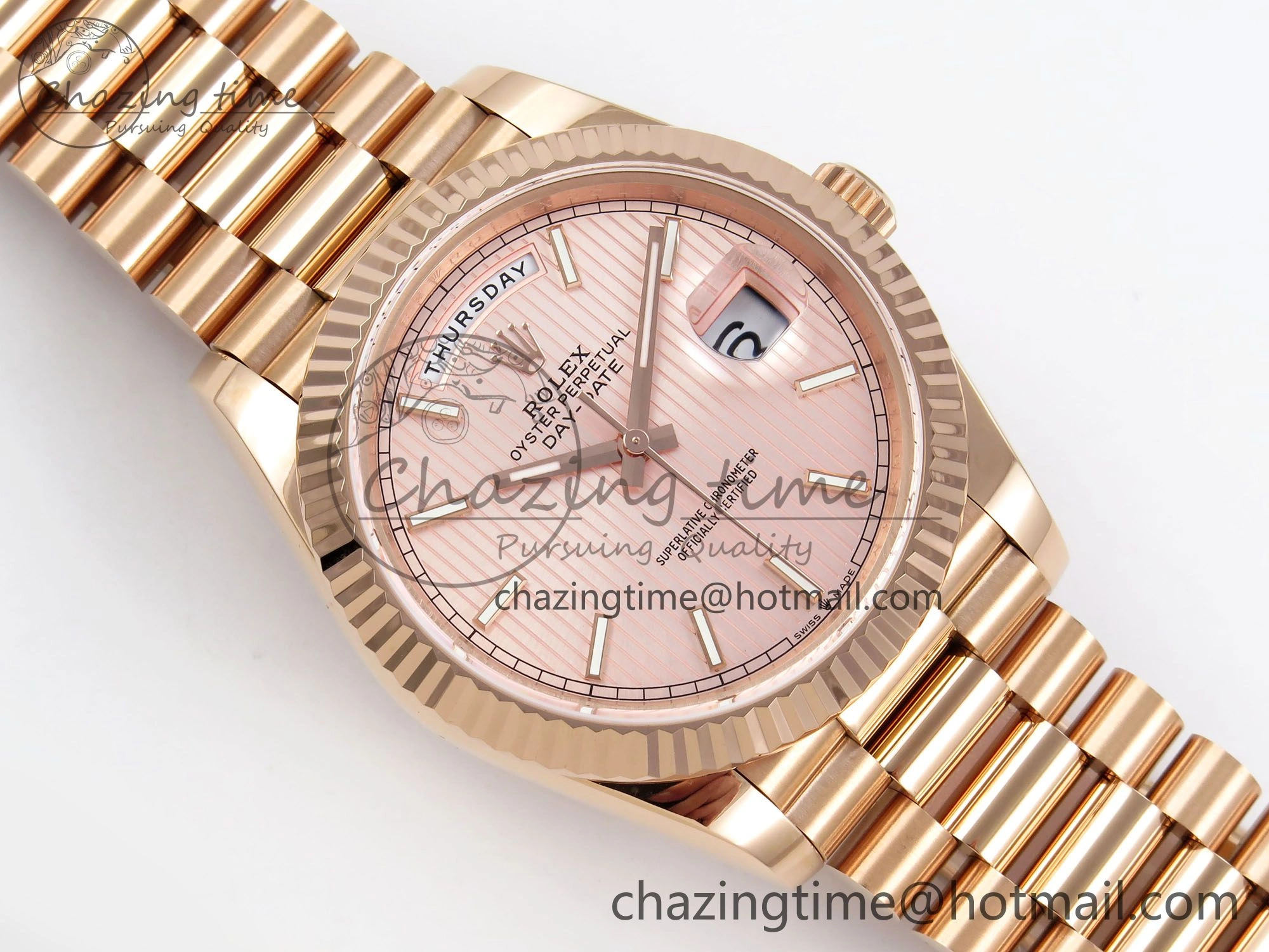 Day Date 40 RG JDF 904L Steel Pink Stripe Dial on President Bracelet VR3255 V3 (Gain Weight)