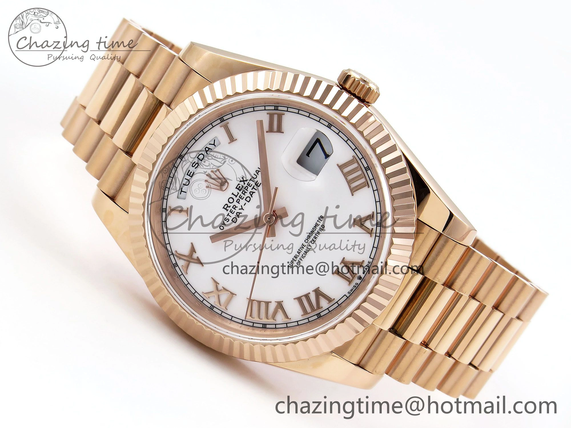 Day Date 40 RG JDF 904L Steel White Roman Dial on President Bracelet VR3255 V3 (Gain Weight)