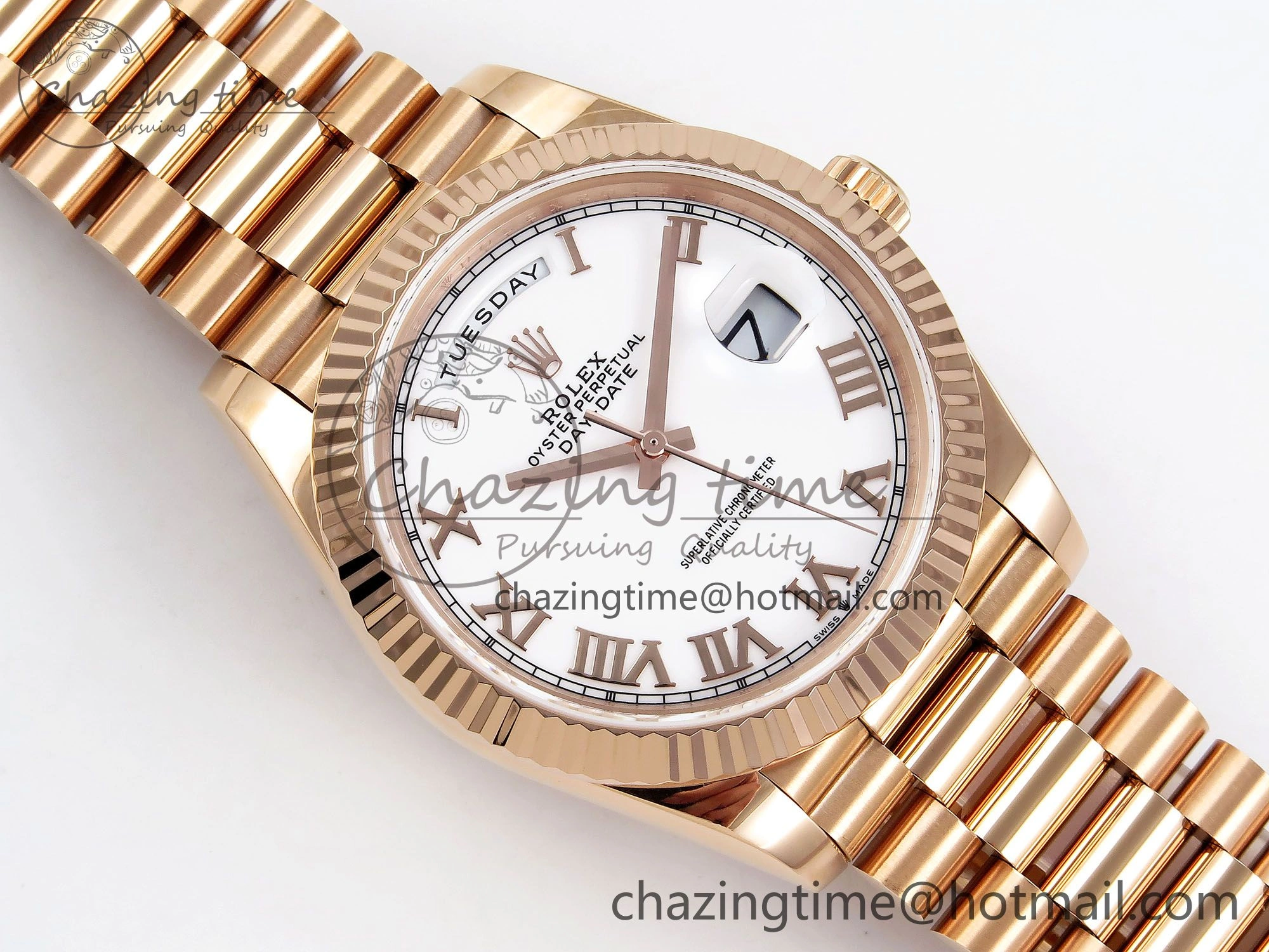 Day Date 40 RG JDF 904L Steel White Roman Dial on President Bracelet VR3255 V3 (Gain Weight)