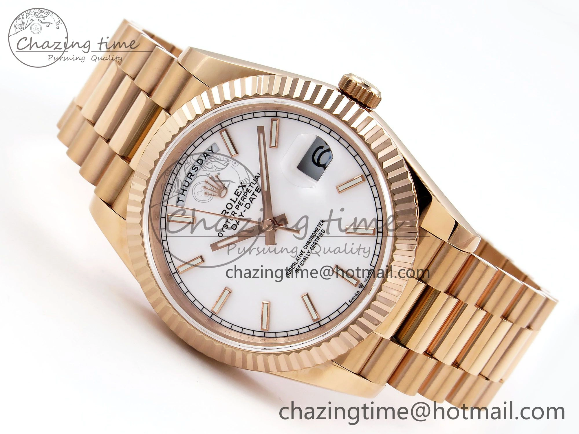 Day Date 40 RG JDF 904L Steel White Stick Dial on President Bracelet VR3255 V3 (Gain Weight)