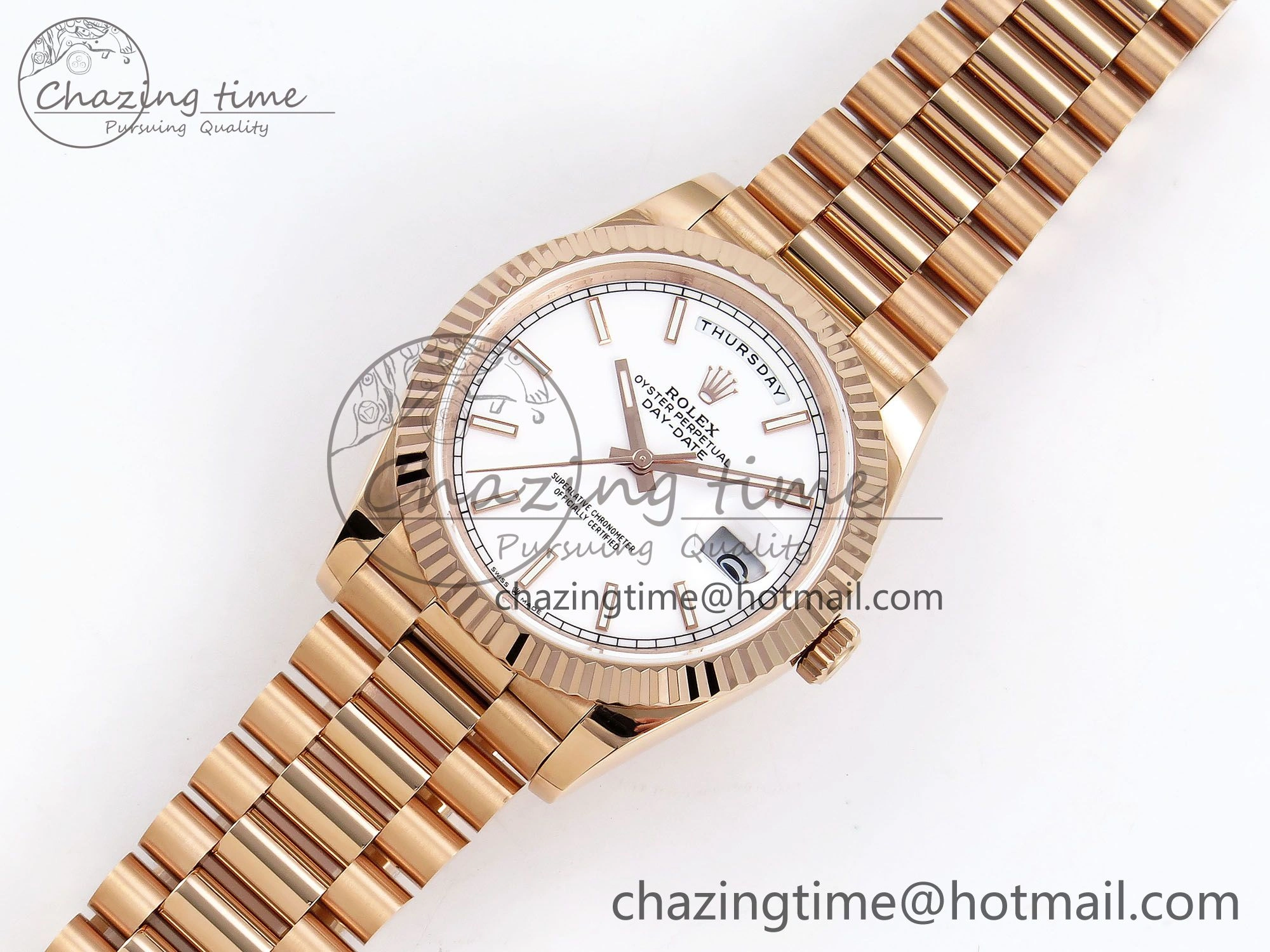 Day Date 40 RG JDF 904L Steel White Stick Dial on President Bracelet VR3255 V3 (Gain Weight)