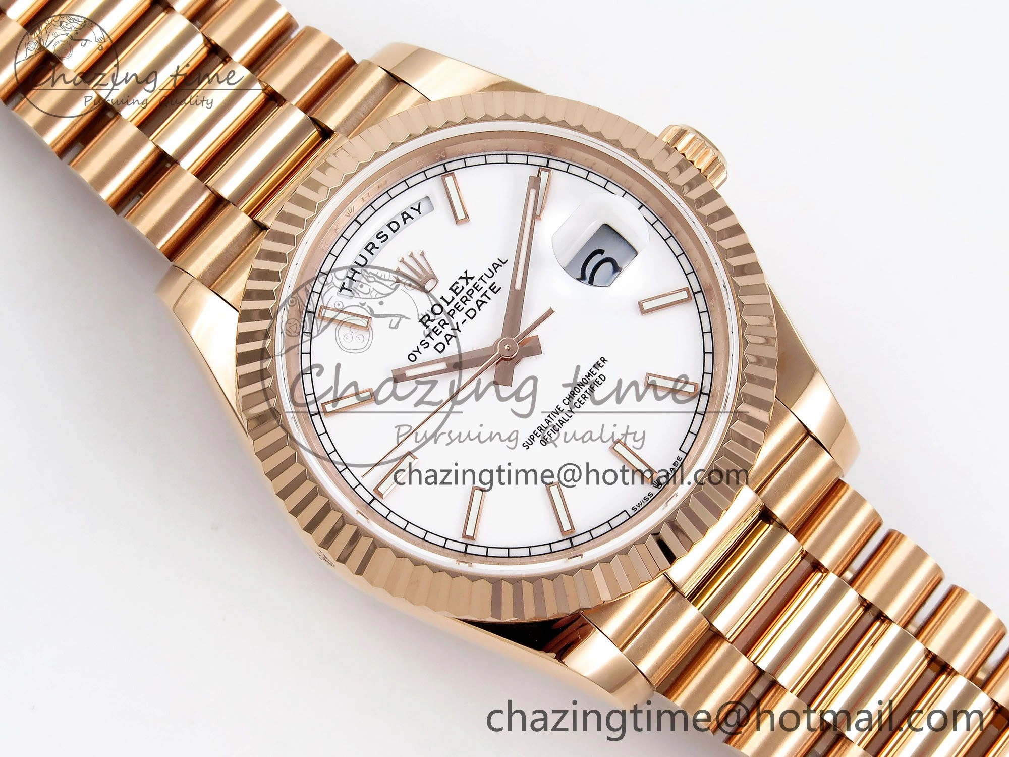 Day Date 40 RG JDF 904L Steel White Stick Dial on President Bracelet VR3255 V3 (Gain Weight)