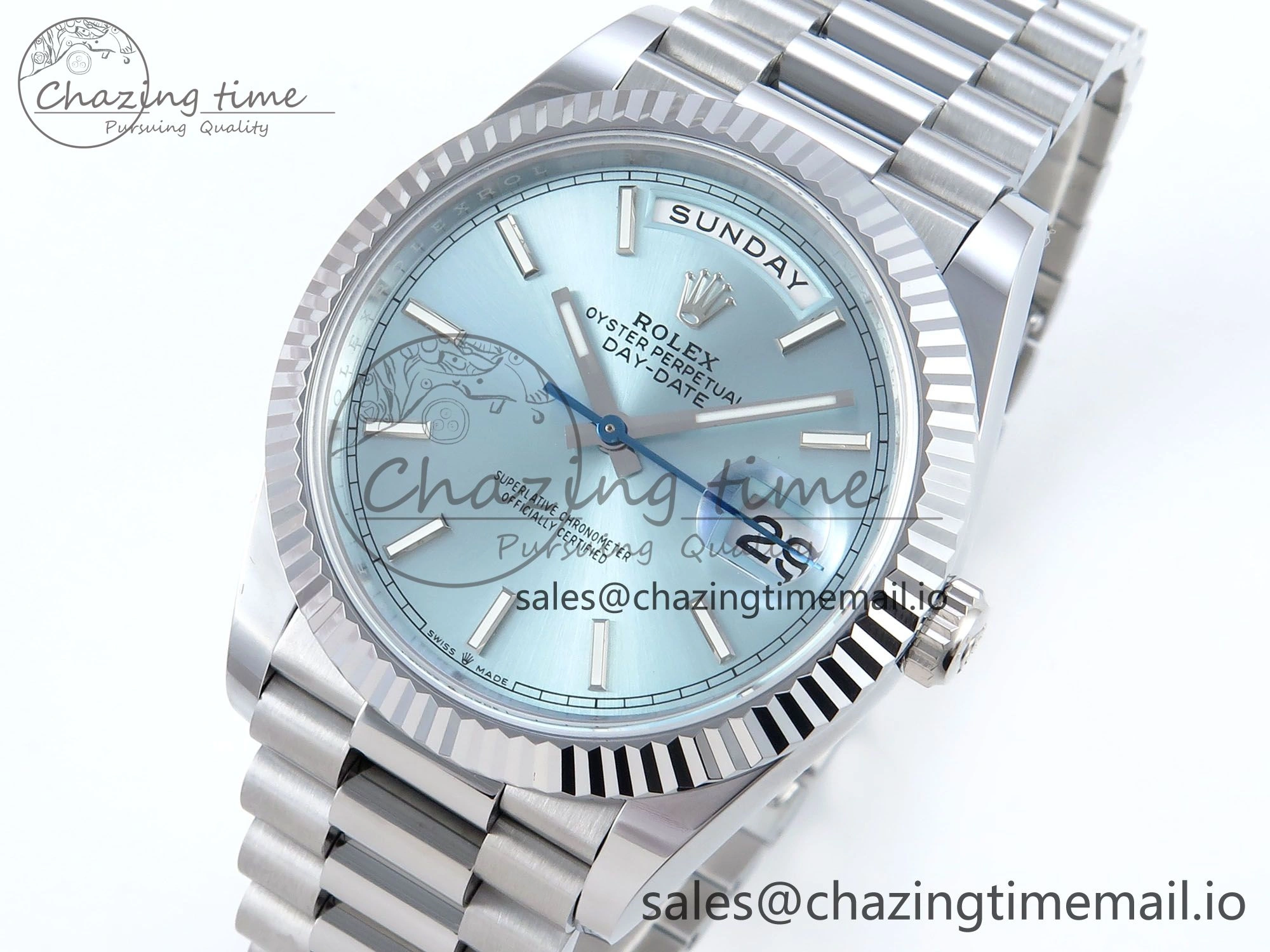 Day Date 40 SS 228239 Noob 1:1 Best Edition Ice Blue Stick Dial on President Bracelet A2836 (Gain Weight)