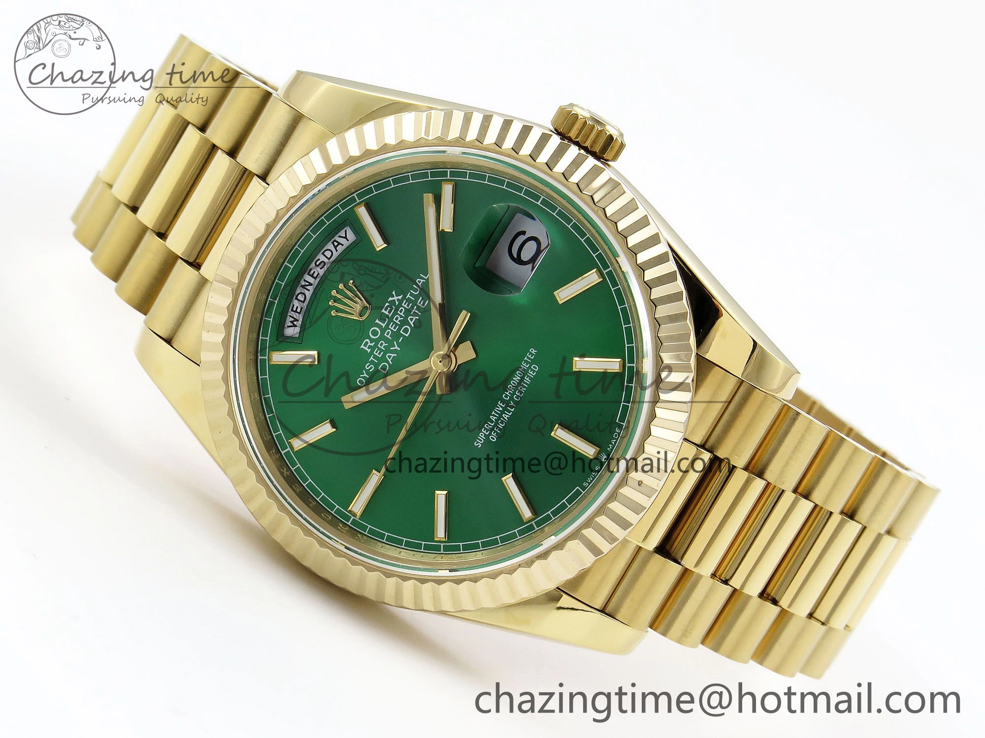 Day Date 40 YG JDF 904L Steel Green Stick Dial on President Bracelet VR3255 V3 (Gain Weight)