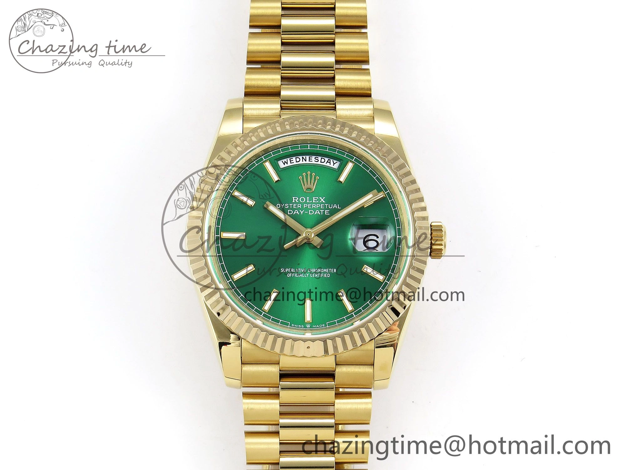 Day Date 40 YG JDF 904L Steel Green Stick Dial on President Bracelet VR3255 V3 (Gain Weight)
