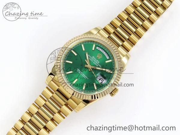 Day Date 40 YG JDF 904L Steel Green Stick Dial on President Bracelet VR3255 V3 (Gain Weight)