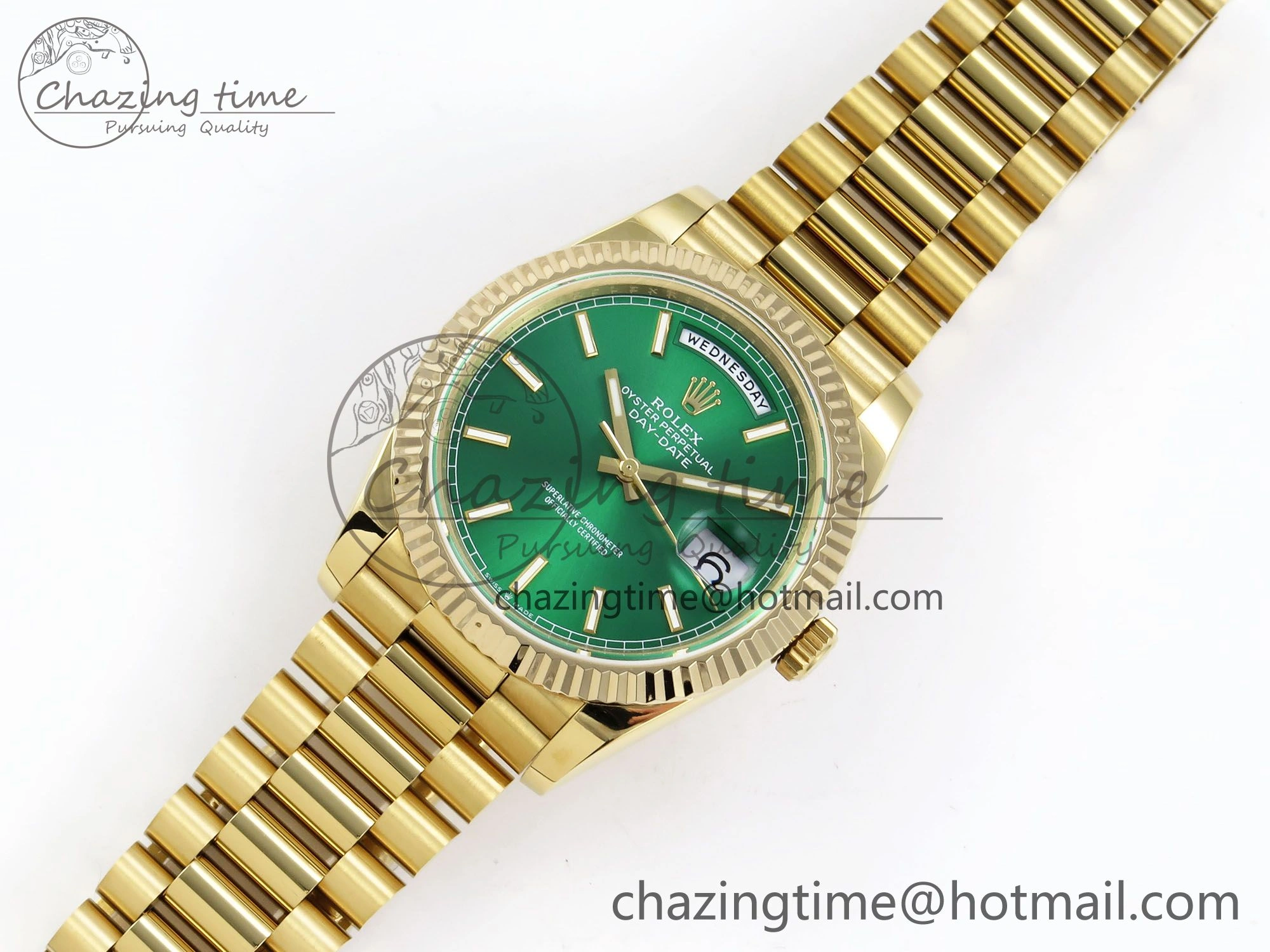 Day Date 40 YG JDF 904L Steel Green Stick Dial on President Bracelet VR3255 V3 (Gain Weight)