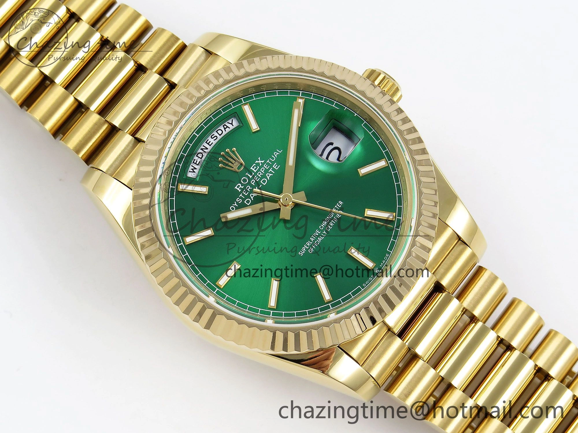 Day Date 40 YG JDF 904L Steel Green Stick Dial on President Bracelet VR3255 V3 (Gain Weight)