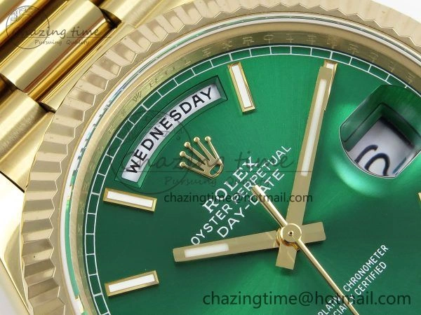 Day Date 40 YG JDF 904L Steel Green Stick Dial on President Bracelet VR3255 V3 (Gain Weight)