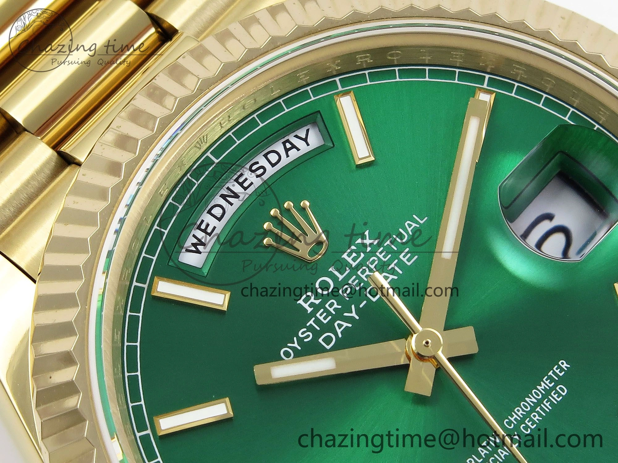 Day Date 40 YG JDF 904L Steel Green Stick Dial on President Bracelet VR3255 V3 (Gain Weight)