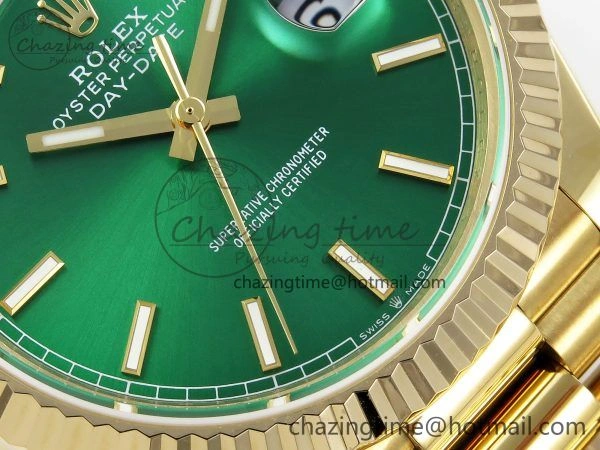 Day Date 40 YG JDF 904L Steel Green Stick Dial on President Bracelet VR3255 V3 (Gain Weight)