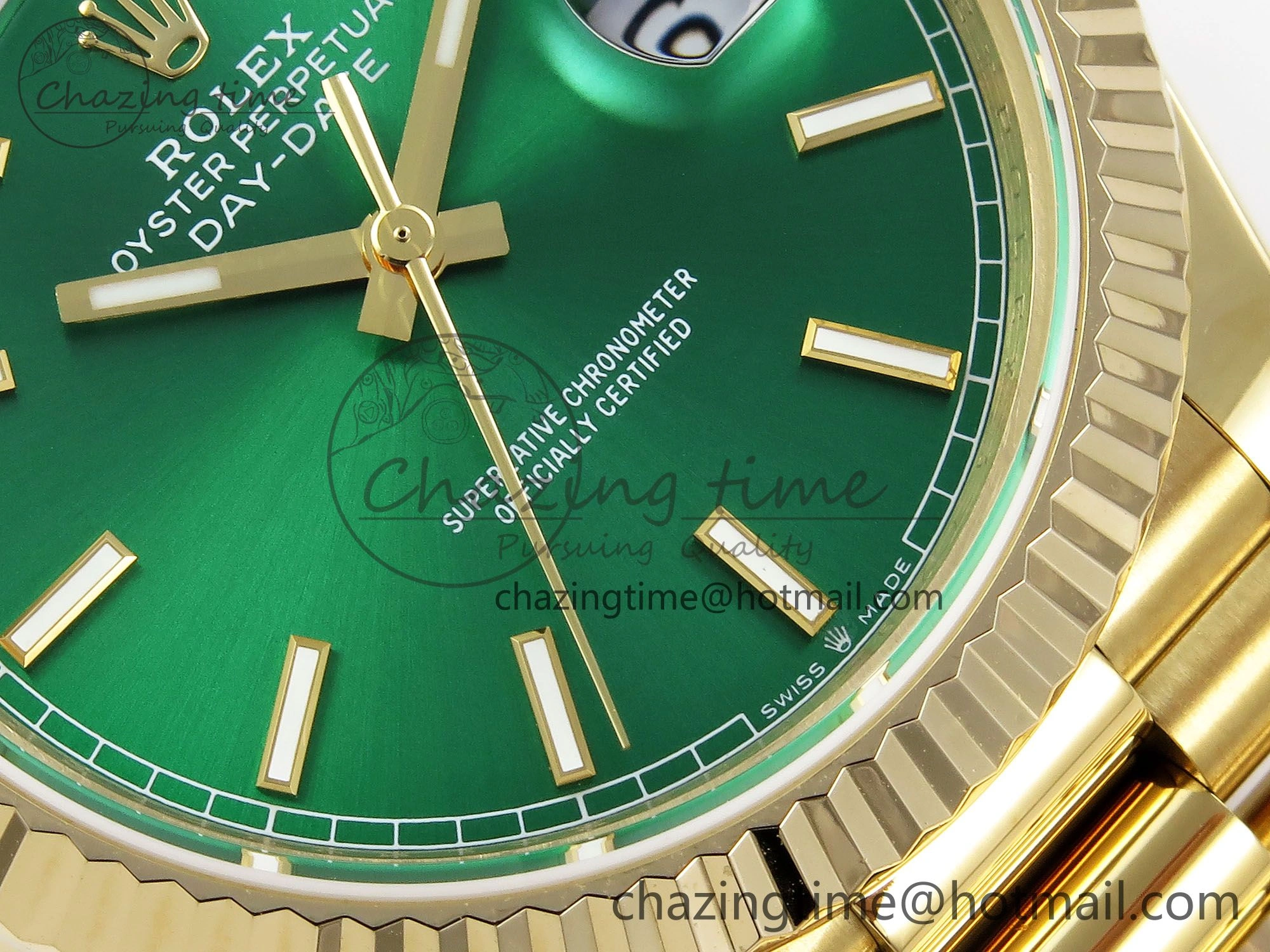 Day Date 40 YG JDF 904L Steel Green Stick Dial on President Bracelet VR3255 V3 (Gain Weight)