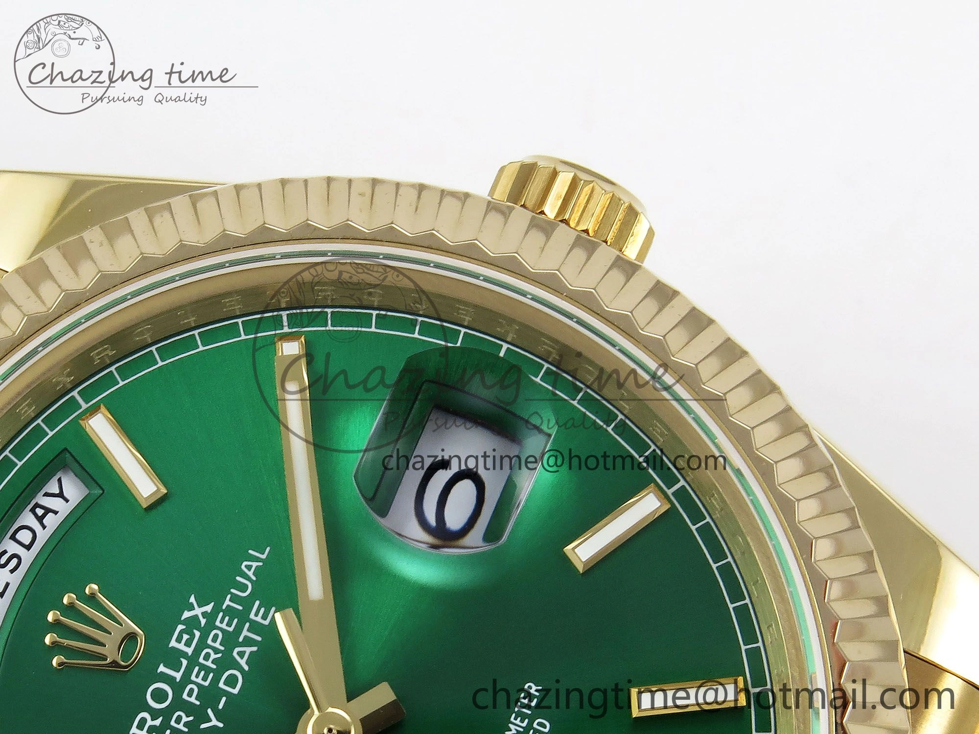 Day Date 40 YG JDF 904L Steel Green Stick Dial on President Bracelet VR3255 V3 (Gain Weight)