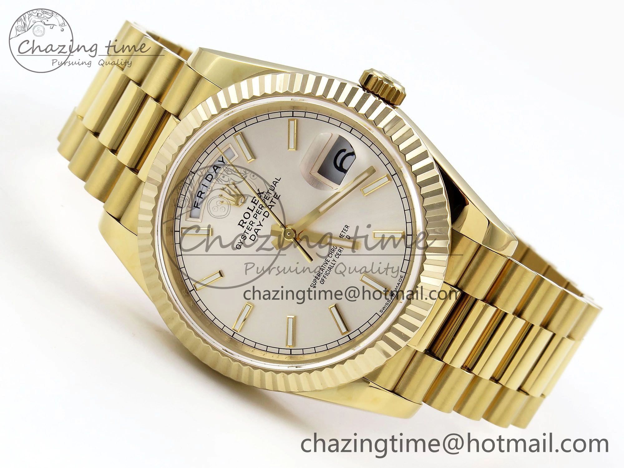 Day Date 40 YG JDF 904L Steel Silver Stick Dial on President Bracelet VR3255 V3 (Gain Weight)