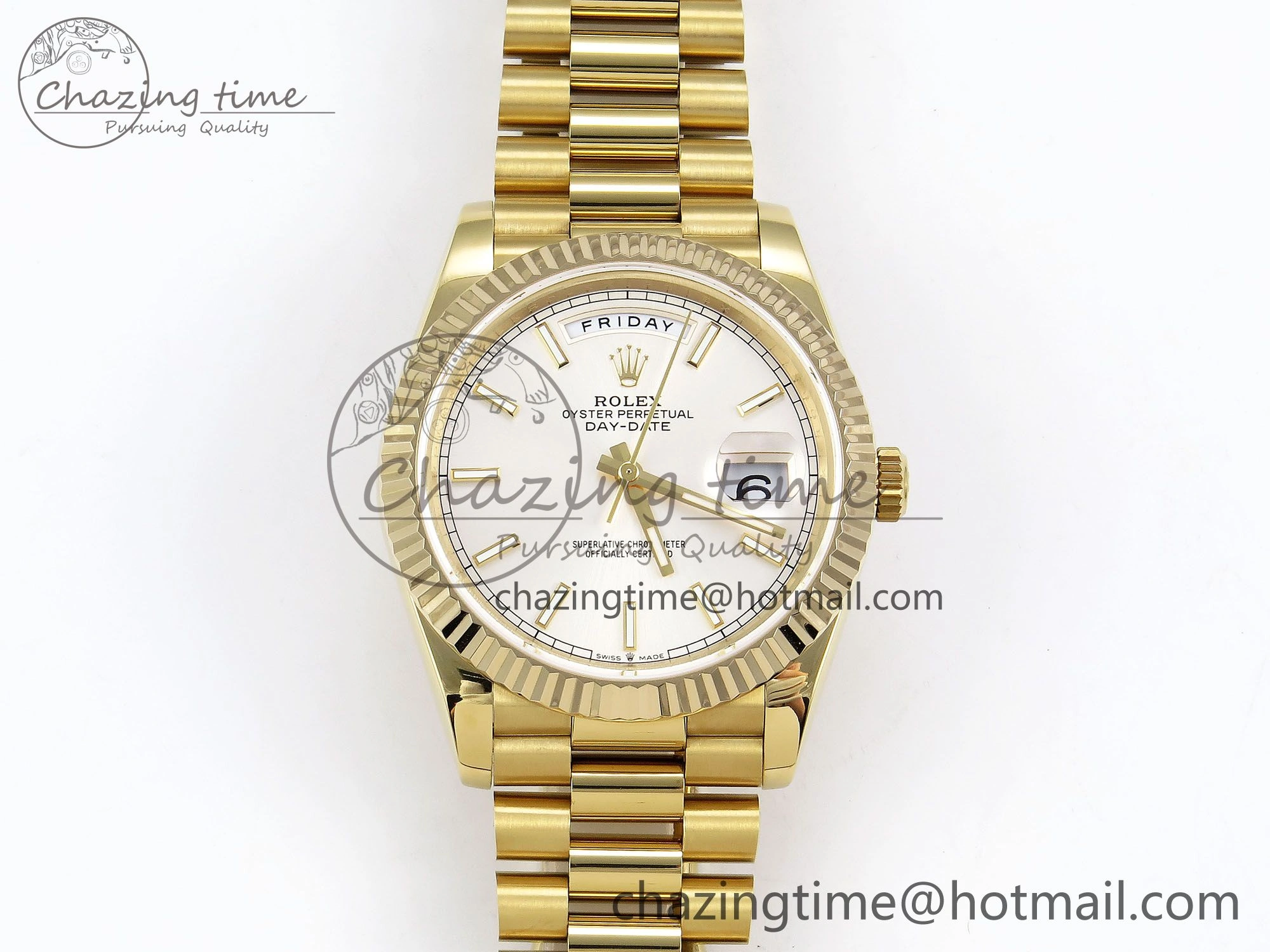 Day Date 40 YG JDF 904L Steel Silver Stick Dial on President Bracelet VR3255 V3 (Gain Weight)