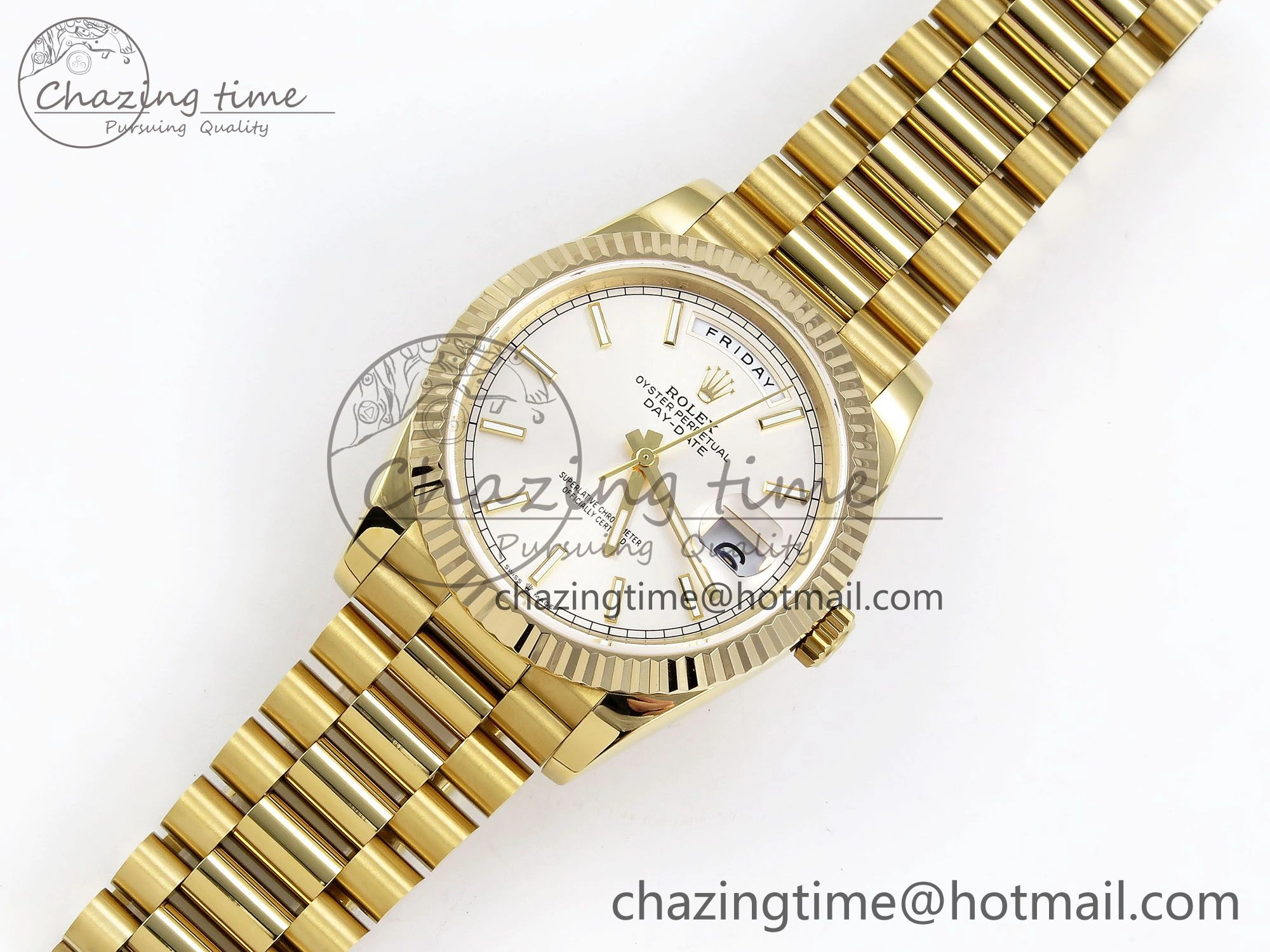 Day Date 40 YG JDF 904L Steel Silver Stick Dial on President Bracelet VR3255 V3 (Gain Weight)