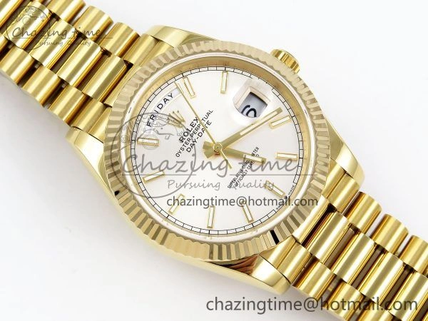 Day Date 40 YG JDF 904L Steel Silver Stick Dial on President Bracelet VR3255 V3 (Gain Weight)