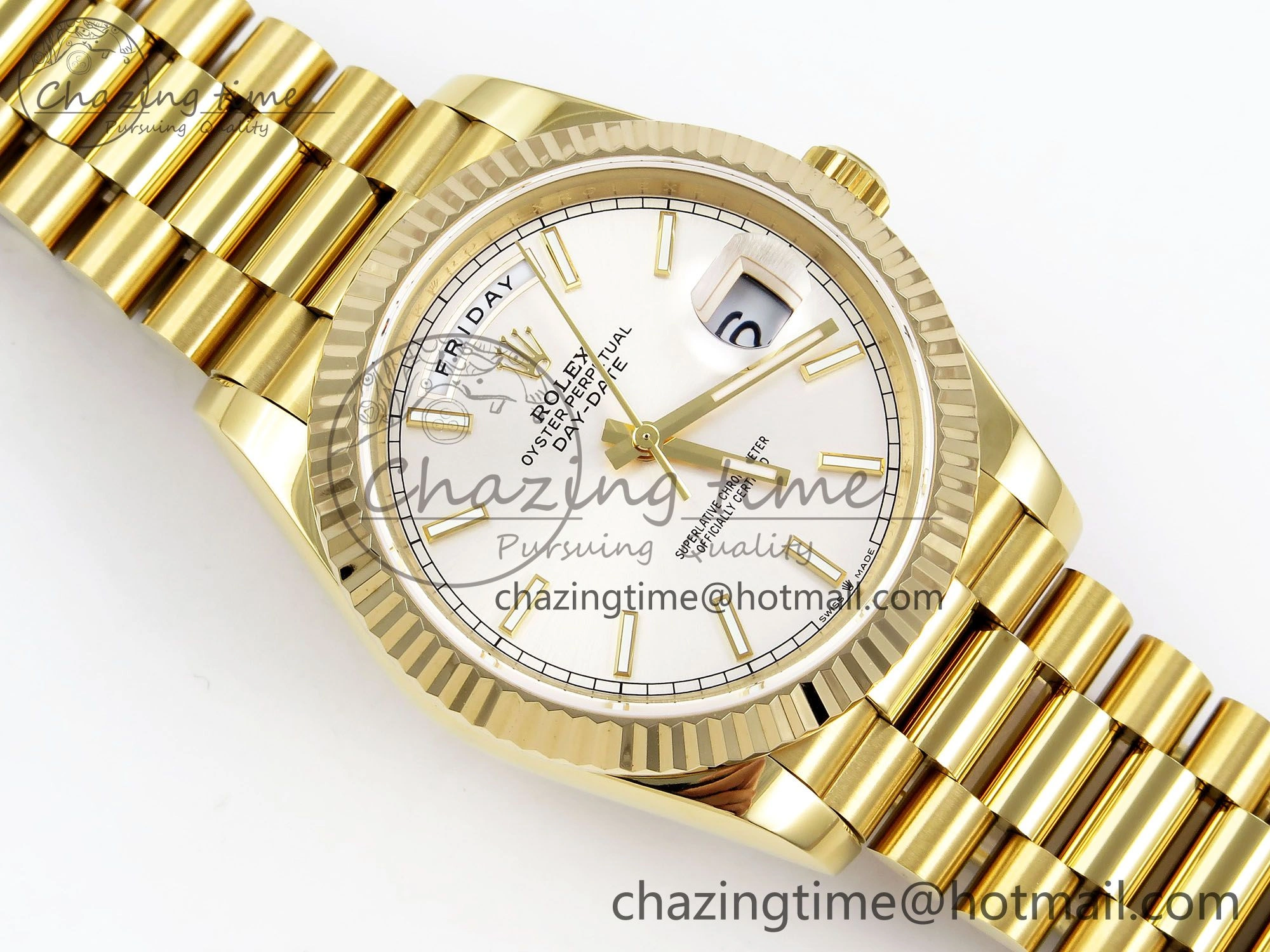 Day Date 40 YG JDF 904L Steel Silver Stick Dial on President Bracelet VR3255 V3 (Gain Weight)