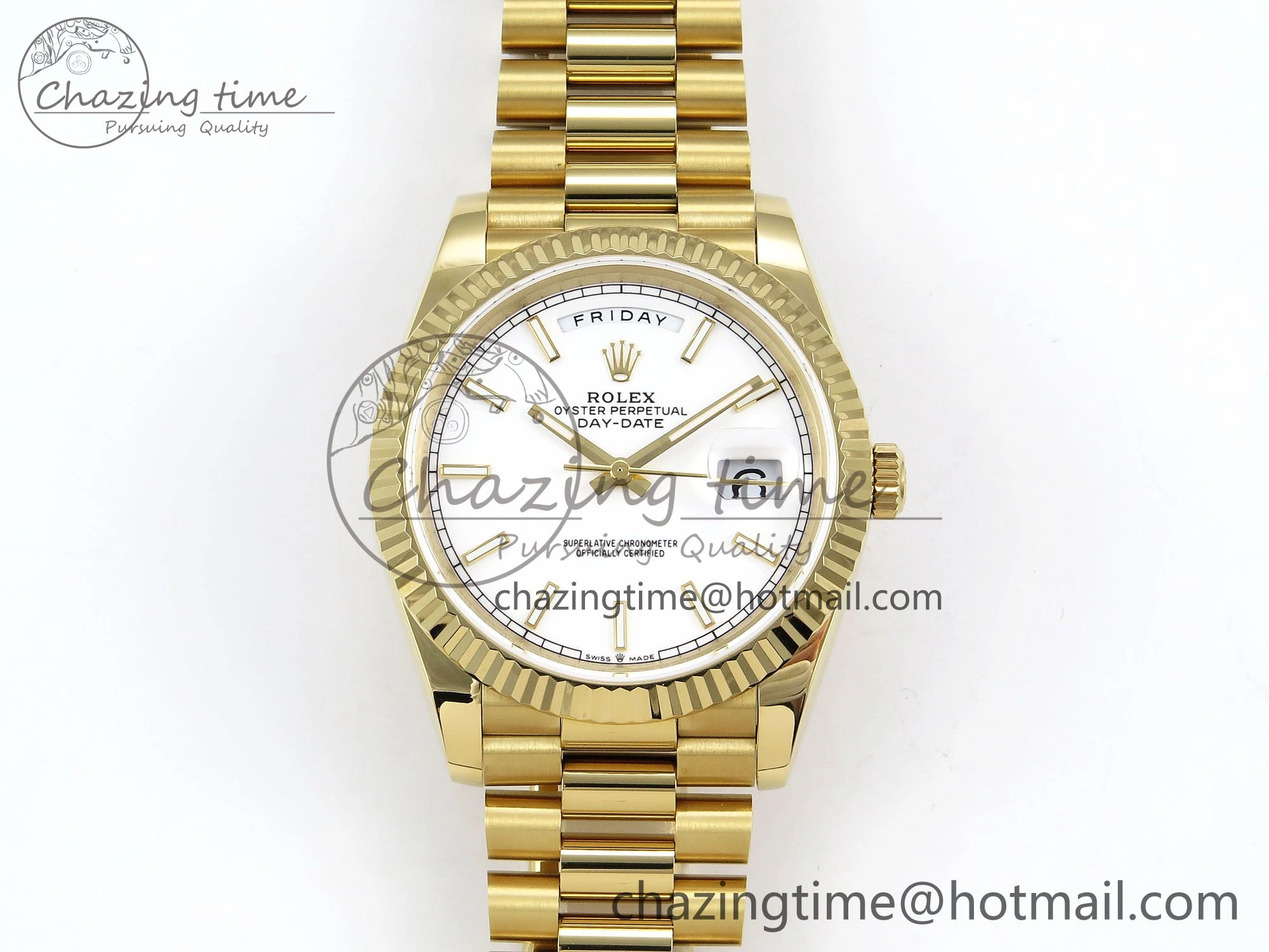 Day Date 40 YG JDF 904L Steel White Stick Dial on President Bracelet VR3255 V3 (Gain Weight)
