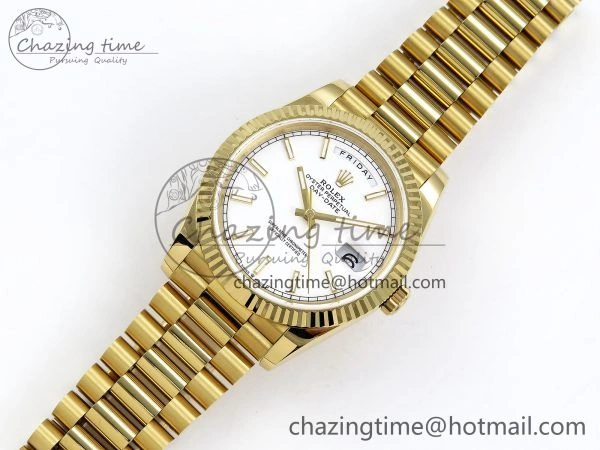 Day Date 40 YG JDF 904L Steel White Stick Dial on President Bracelet VR3255 V3 (Gain Weight)