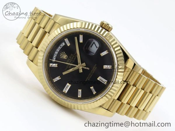 Day Date 40 YG JDF Gain Weight 904L Steel Black Crystal Dial on President Bracelet VR3255 V3