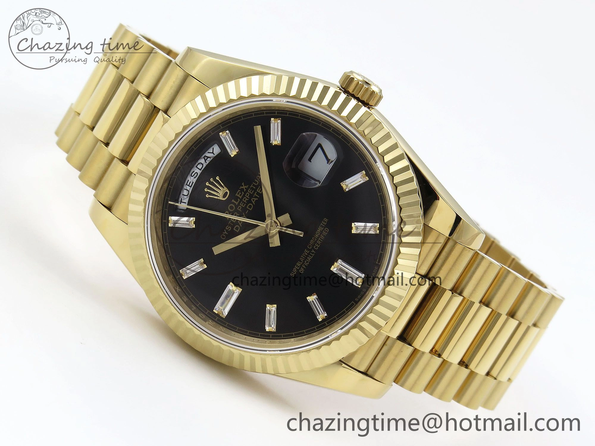 Day Date 40 YG JDF Gain Weight 904L Steel Black Crystal Dial on President Bracelet VR3255 V3