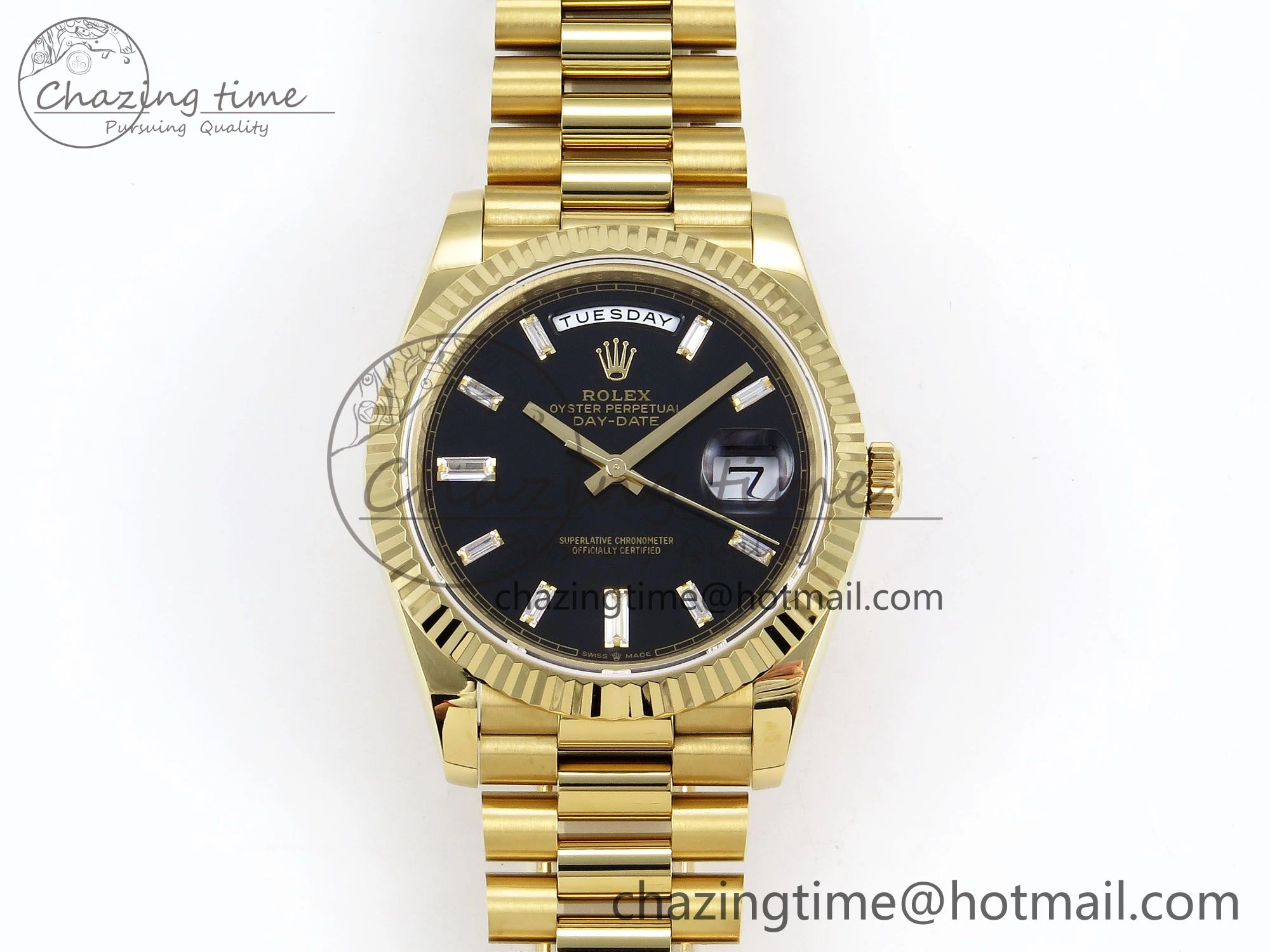 Day Date 40 YG JDF Gain Weight 904L Steel Black Crystal Dial on President Bracelet VR3255 V3