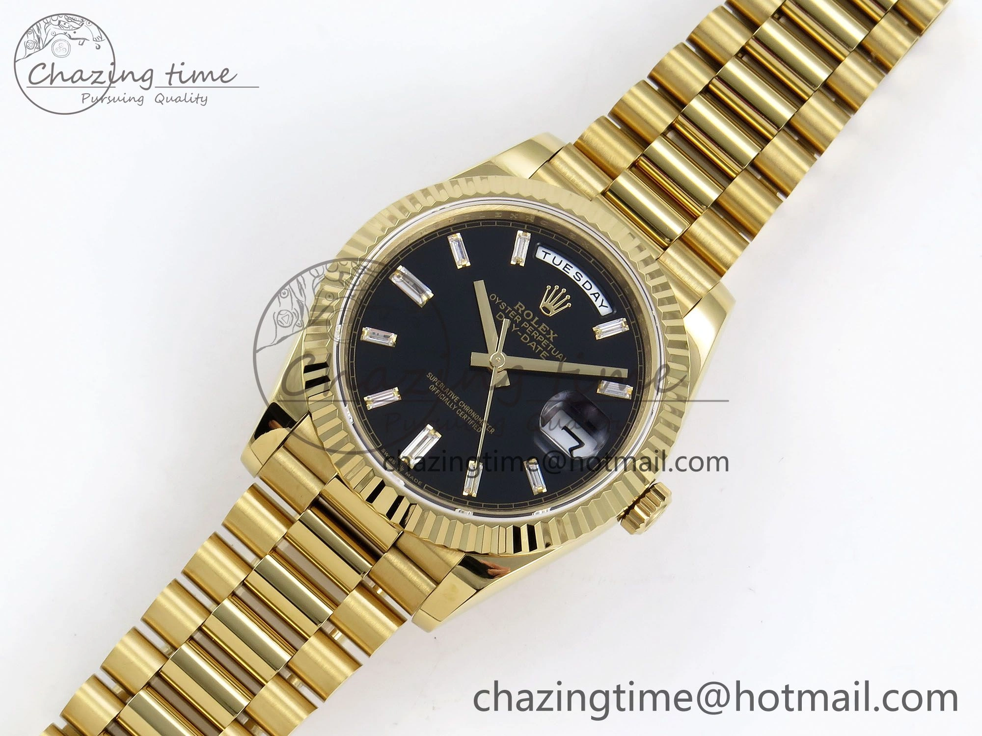 Day Date 40 YG JDF Gain Weight 904L Steel Black Crystal Dial on President Bracelet VR3255 V3