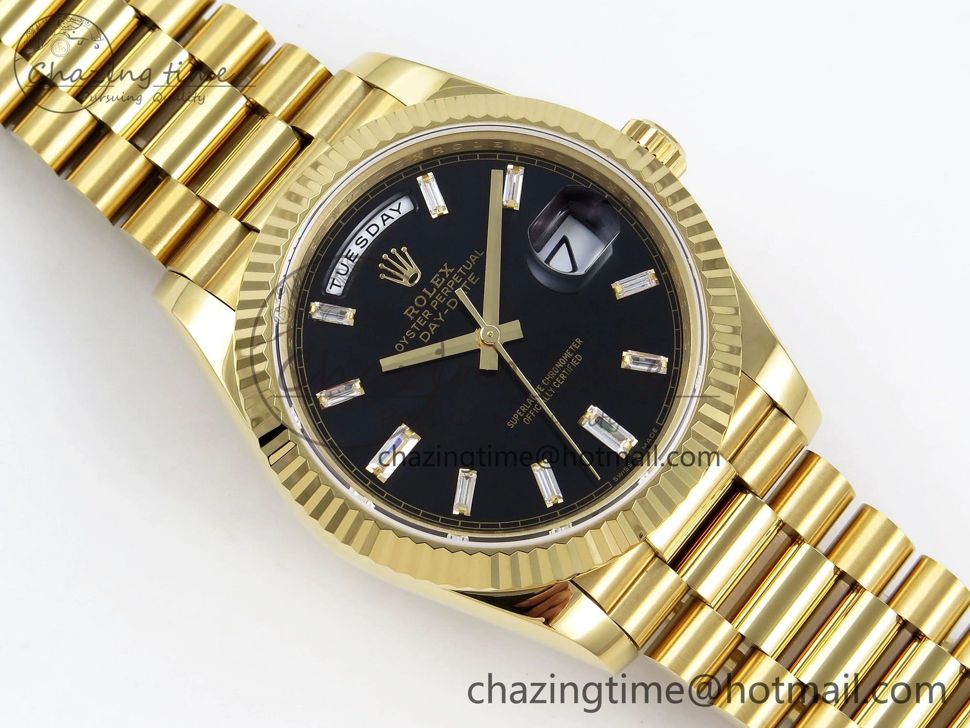 Day Date 40 YG JDF Gain Weight 904L Steel Black Crystal Dial on President Bracelet VR3255 V3