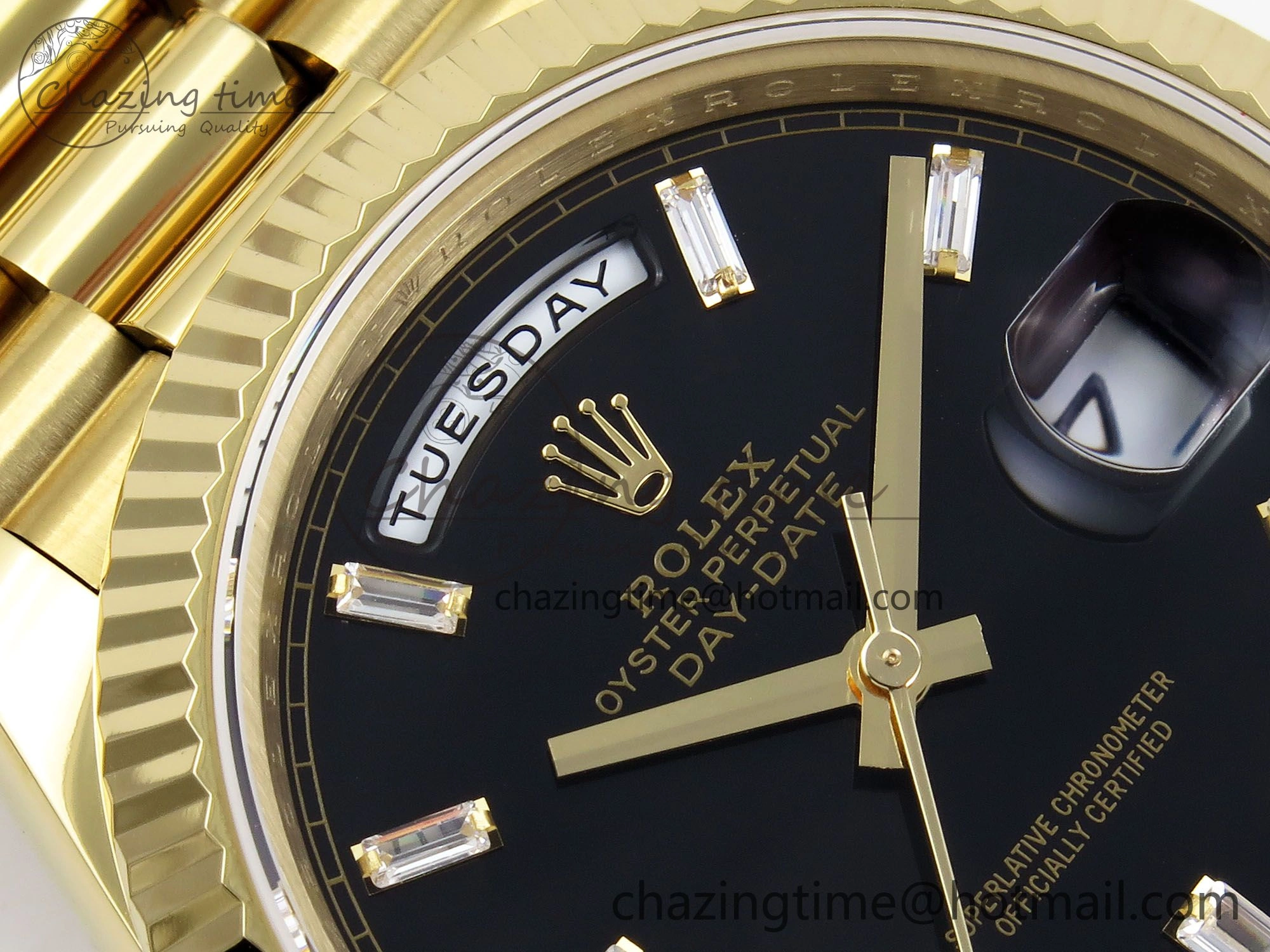 Day Date 40 YG JDF Gain Weight 904L Steel Black Crystal Dial on President Bracelet VR3255 V3