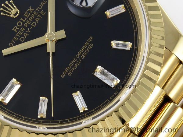 Day Date 40 YG JDF Gain Weight 904L Steel Black Crystal Dial on President Bracelet VR3255 V3