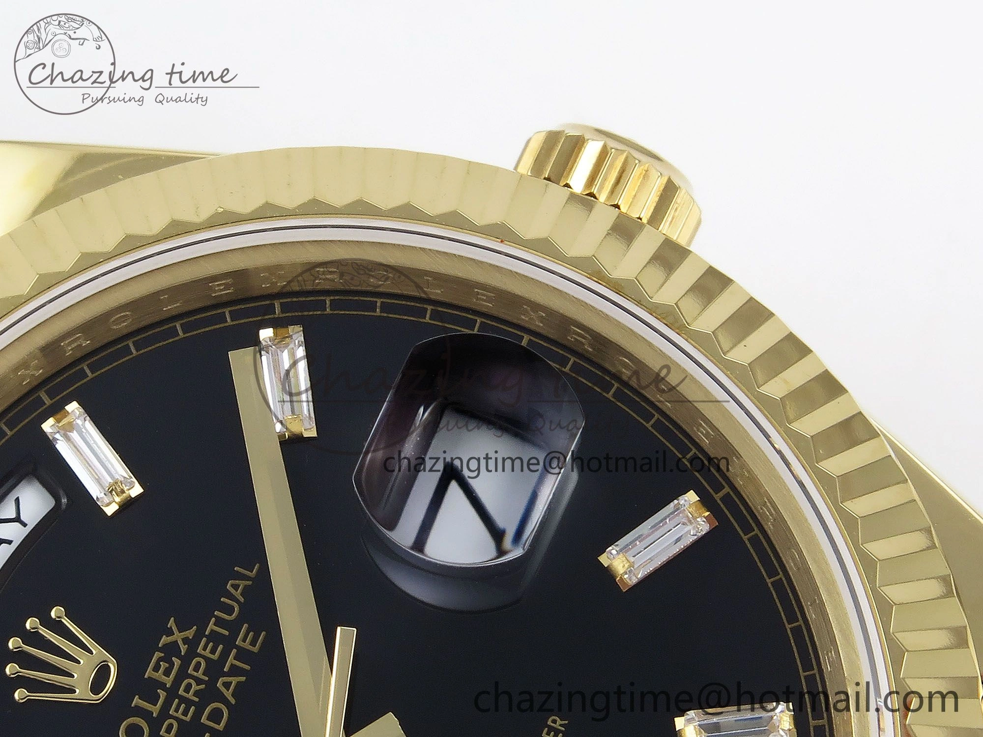 Day Date 40 YG JDF Gain Weight 904L Steel Black Crystal Dial on President Bracelet VR3255 V3