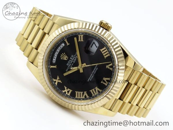 Day Date 40 YG JDF Gain Weight 904L Steel Black Roman Dial on President Bracelet VR3255 V3