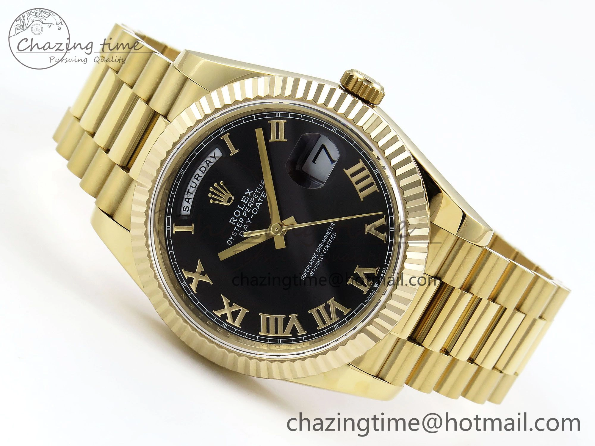 Day Date 40 YG JDF Gain Weight 904L Steel Black Roman Dial on President Bracelet VR3255 V3