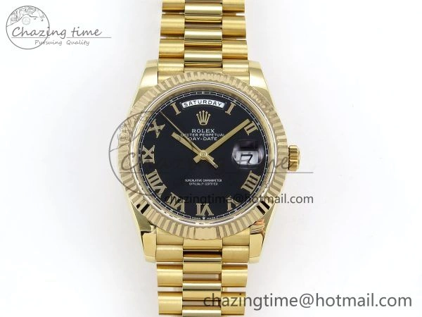 Day Date 40 YG JDF Gain Weight 904L Steel Black Roman Dial on President Bracelet VR3255 V3