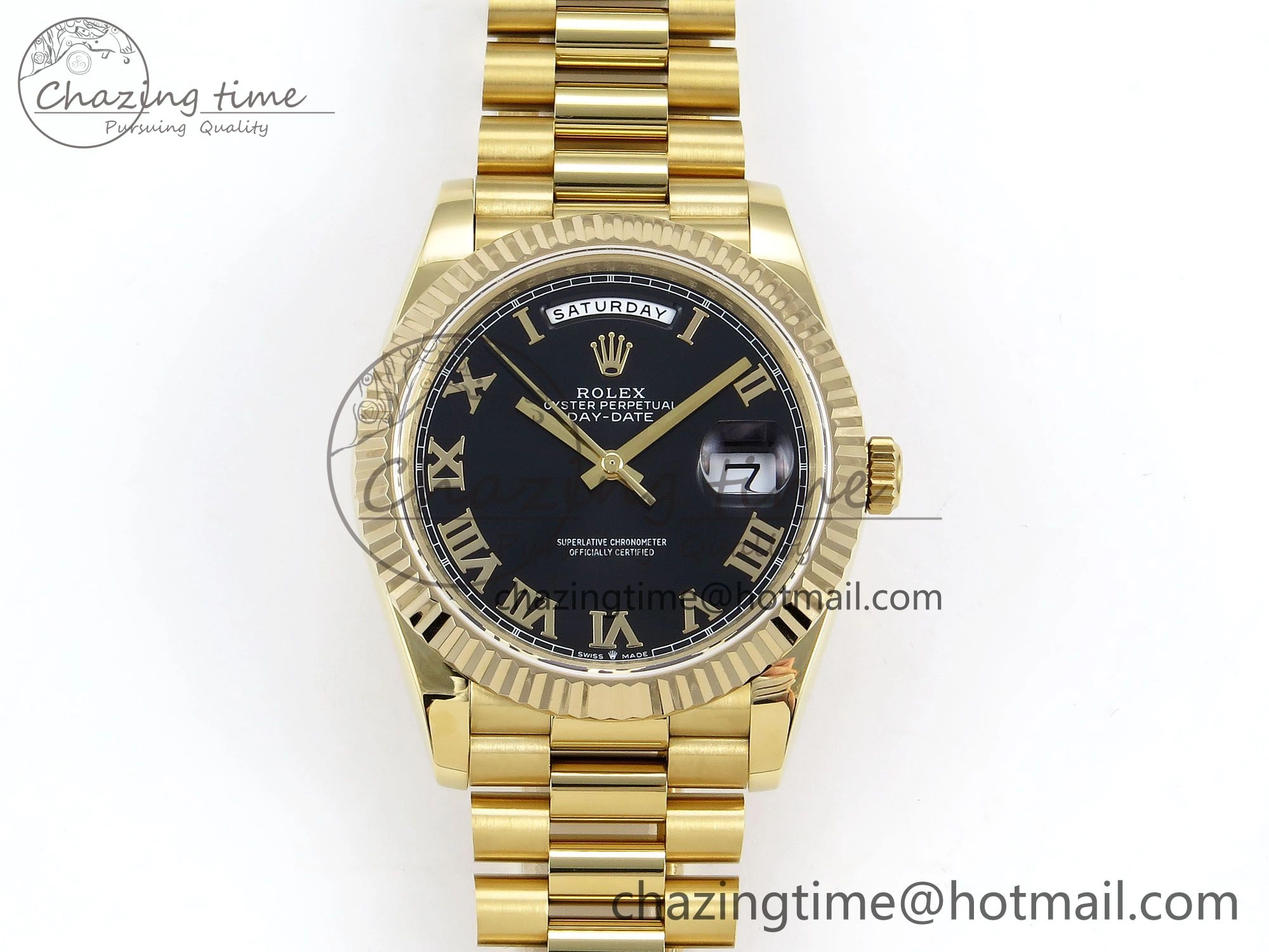 Day Date 40 YG JDF Gain Weight 904L Steel Black Roman Dial on President Bracelet VR3255 V3
