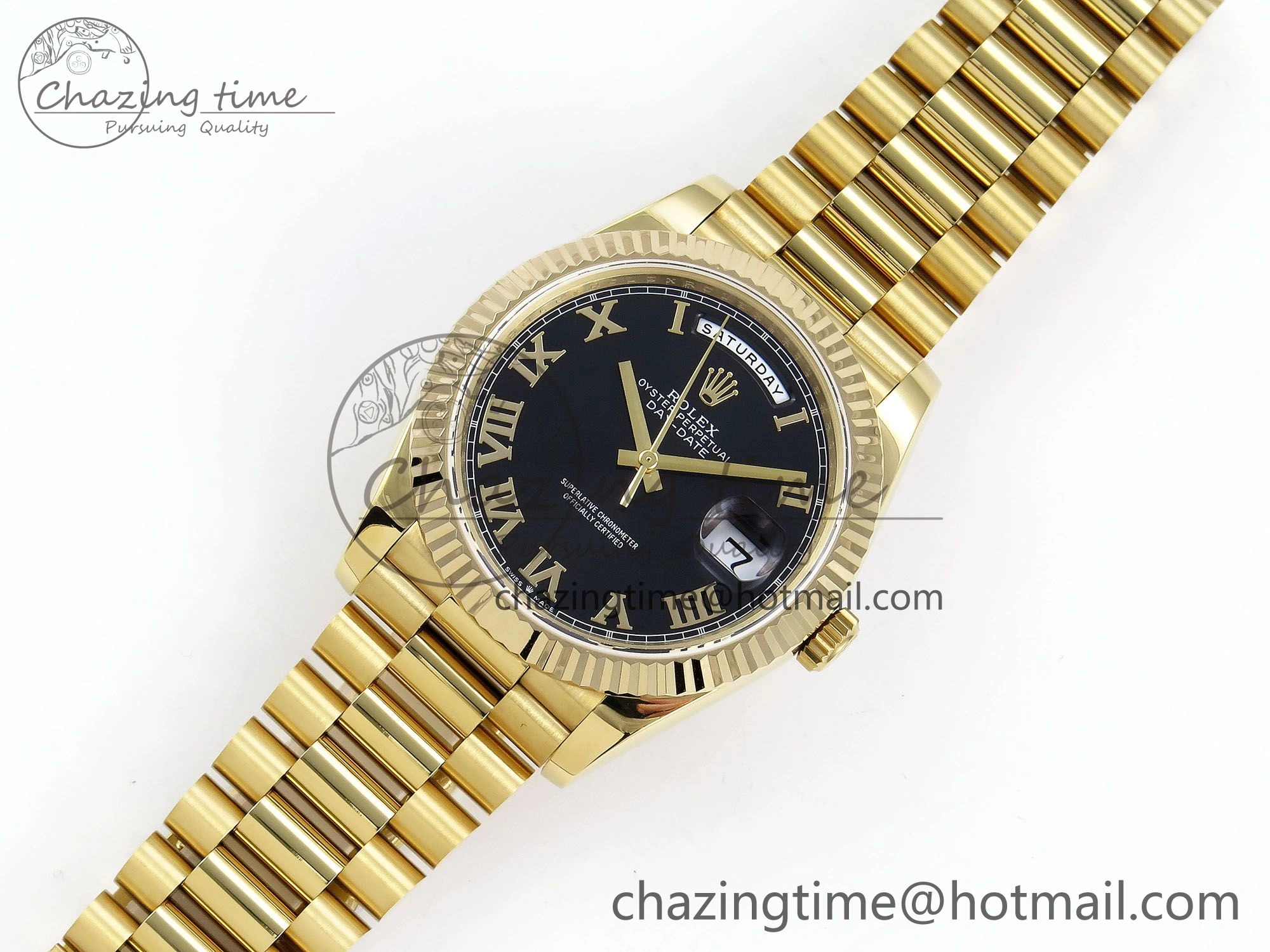 Day Date 40 YG JDF Gain Weight 904L Steel Black Roman Dial on President Bracelet VR3255 V3