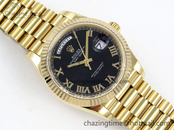 Day Date 40 YG JDF Gain Weight 904L Steel Black Roman Dial on President Bracelet VR3255 V3